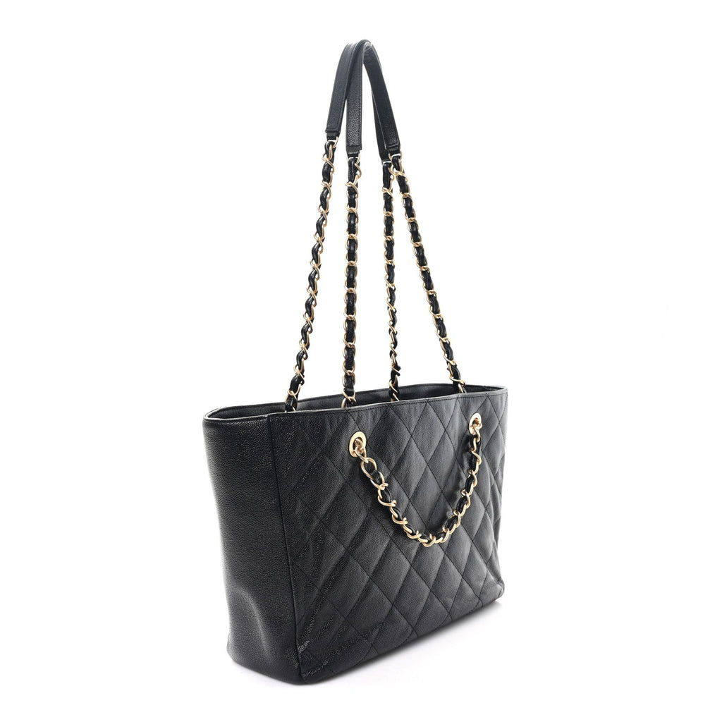 Chanel Caviar Quilted Small Trapezoid Chain Shopping Tote Black