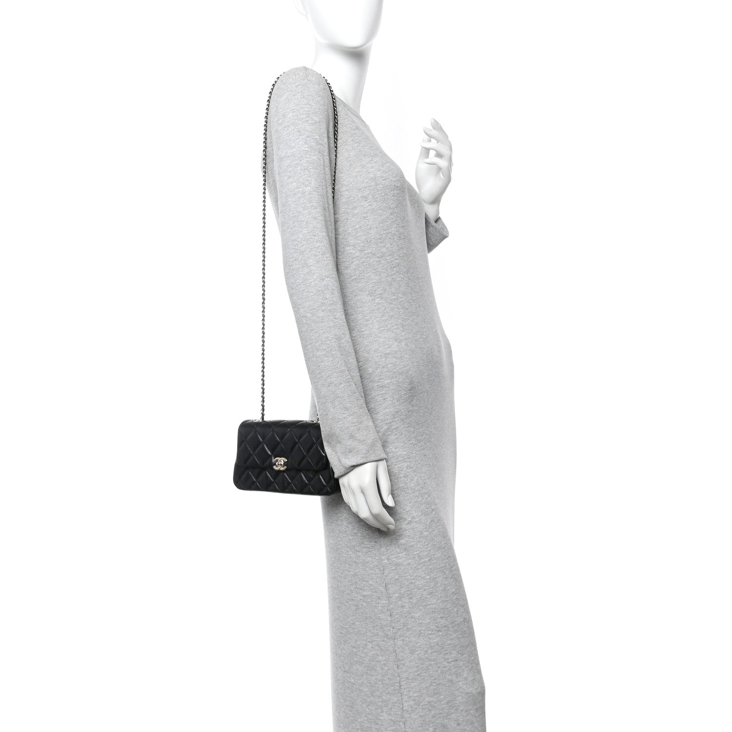 Chanel Lambskin Quilted Rectangular Phone Holder Clutch With Chain Black