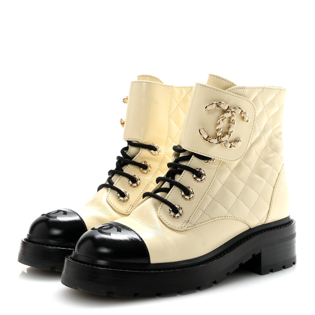 Chanel Shiny Goatskin Calfskin Quilted Lace Up Combat Boots 36 Ivory Black