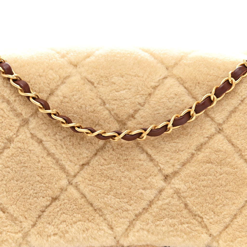 Chanel Shearling Lambskin Quilted Large Furry Coco Flap Dark Brown Beige