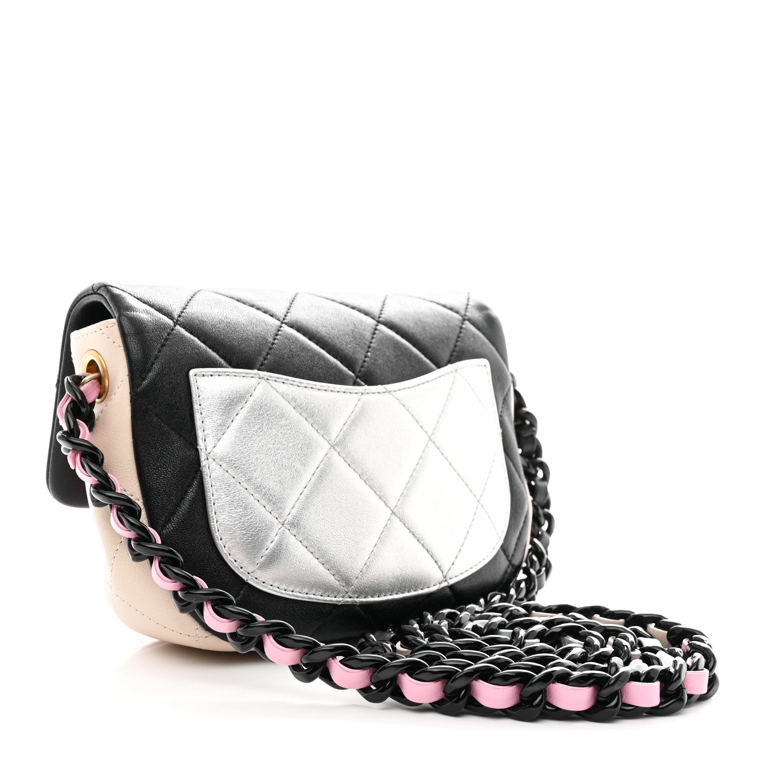 Chanel Lambskin Quilted Mini Lacquered Chain Flap Black Pink Beige Silver