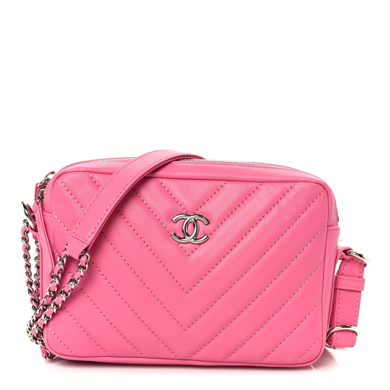 Chanel Lambskin Chevron Quilted Small Promenade Camera Case Pink