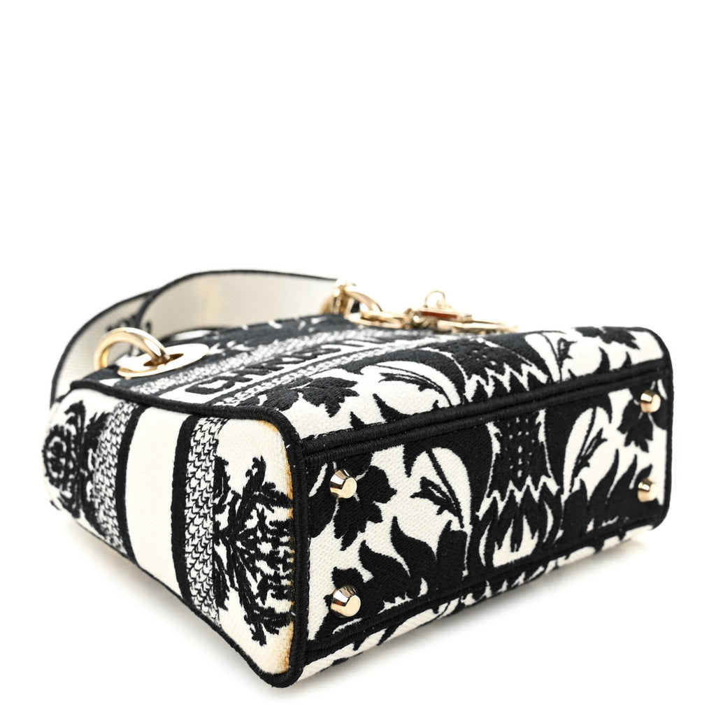 Christian Dior Canvas Petites Fleurs Embroidered Mini Lady D-Lite Black White