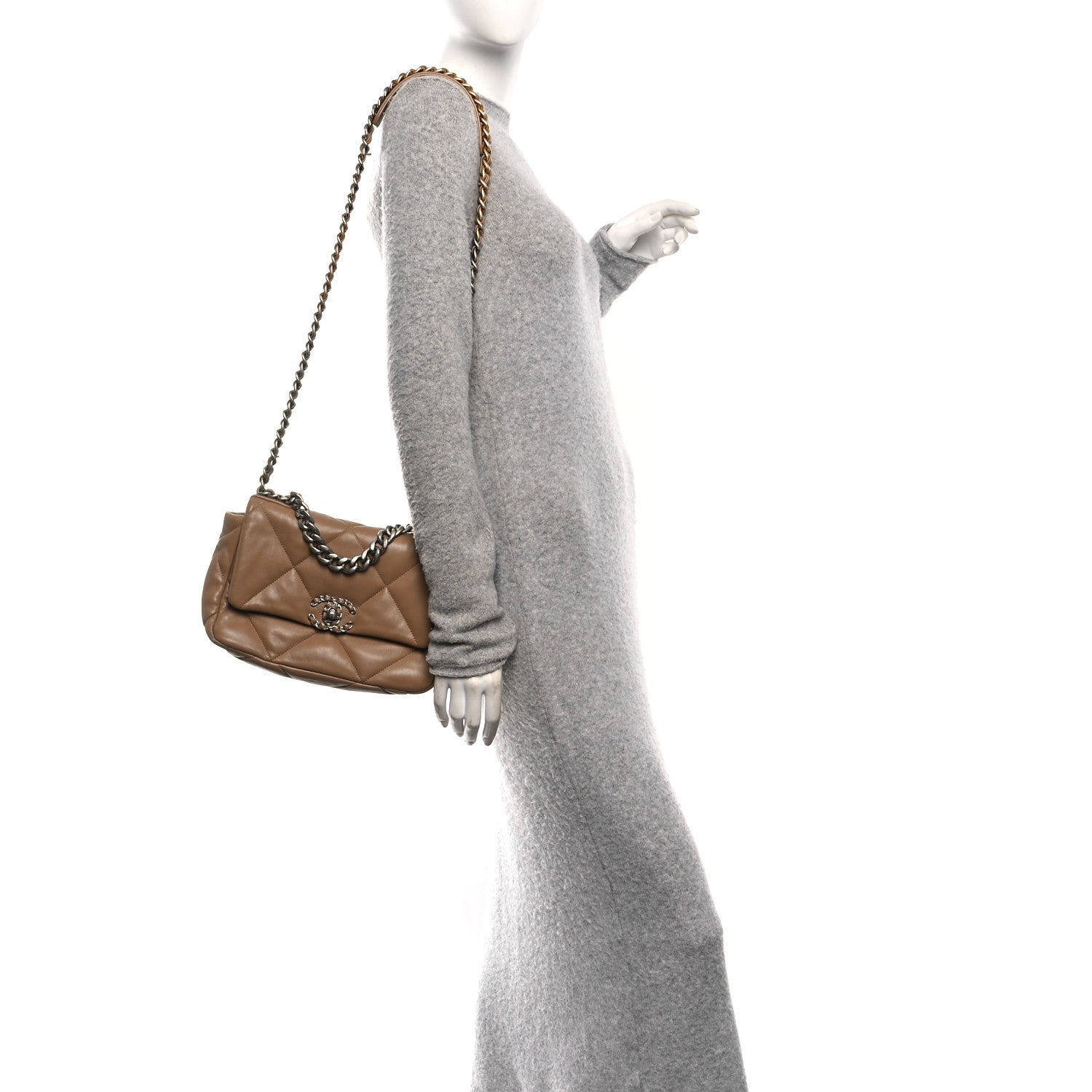 Chanel Lambskin Quilted Medium Chanel 19 Flap Dark Beige