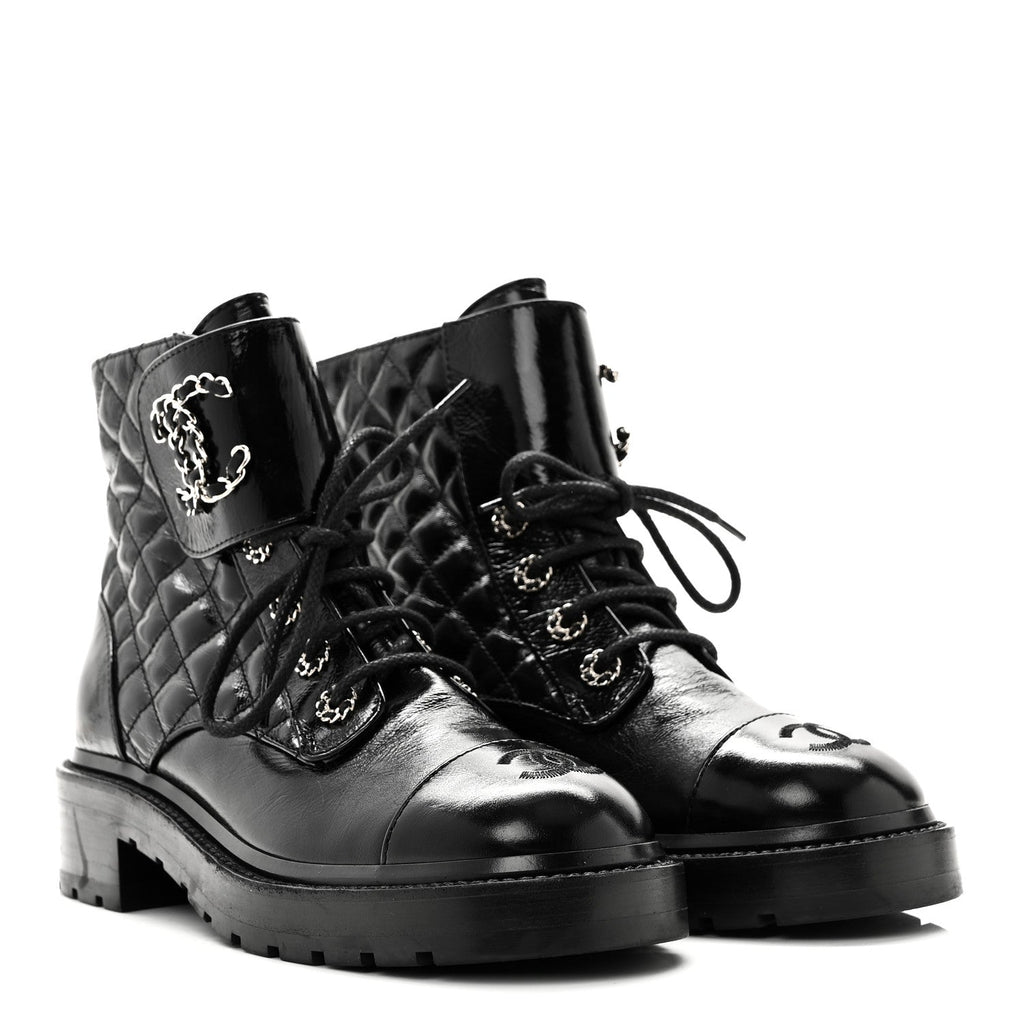 Chanel Shiny Lambskin Quilted Lace Up Combat Boots 38.5 Black