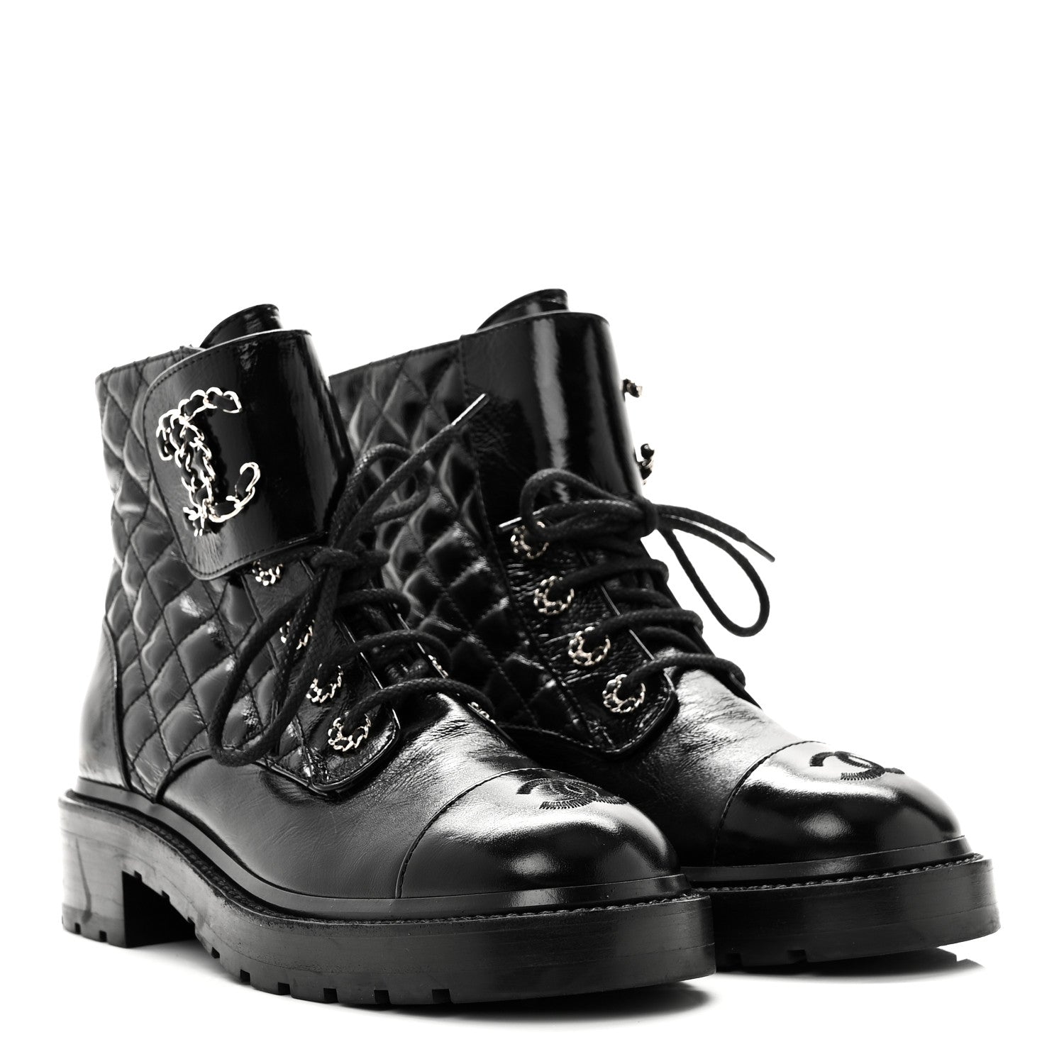 Chanel Shiny Lambskin Quilted Lace Up Combat Boots 38.5 Black