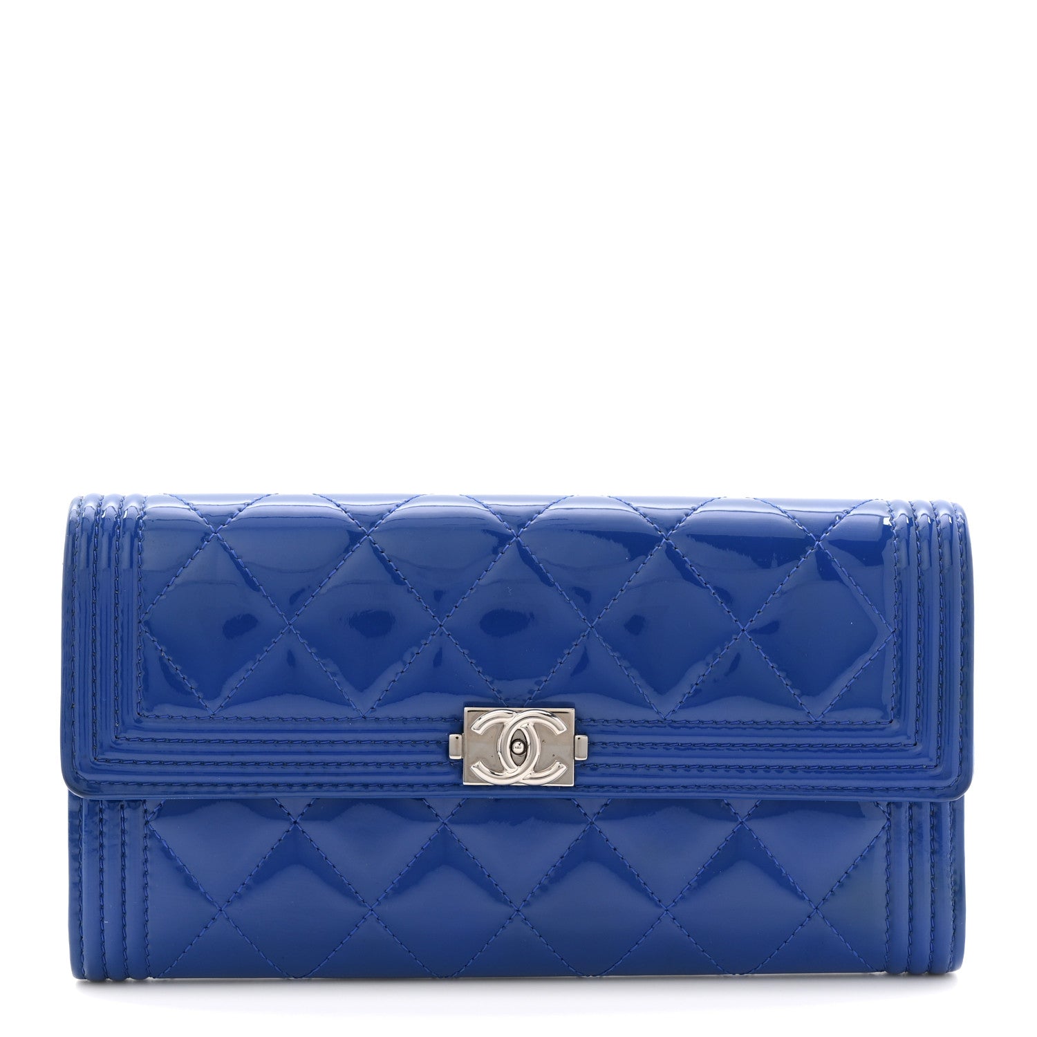 Patent Calfskin Quilted Boy Large Gusset Flap Wallet Blue