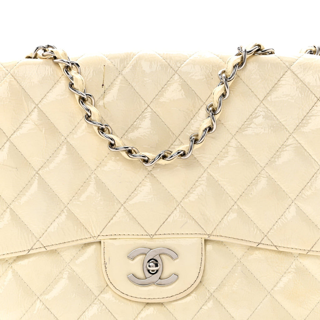 Chanel Distressed Patent Jumbo Single Flap White