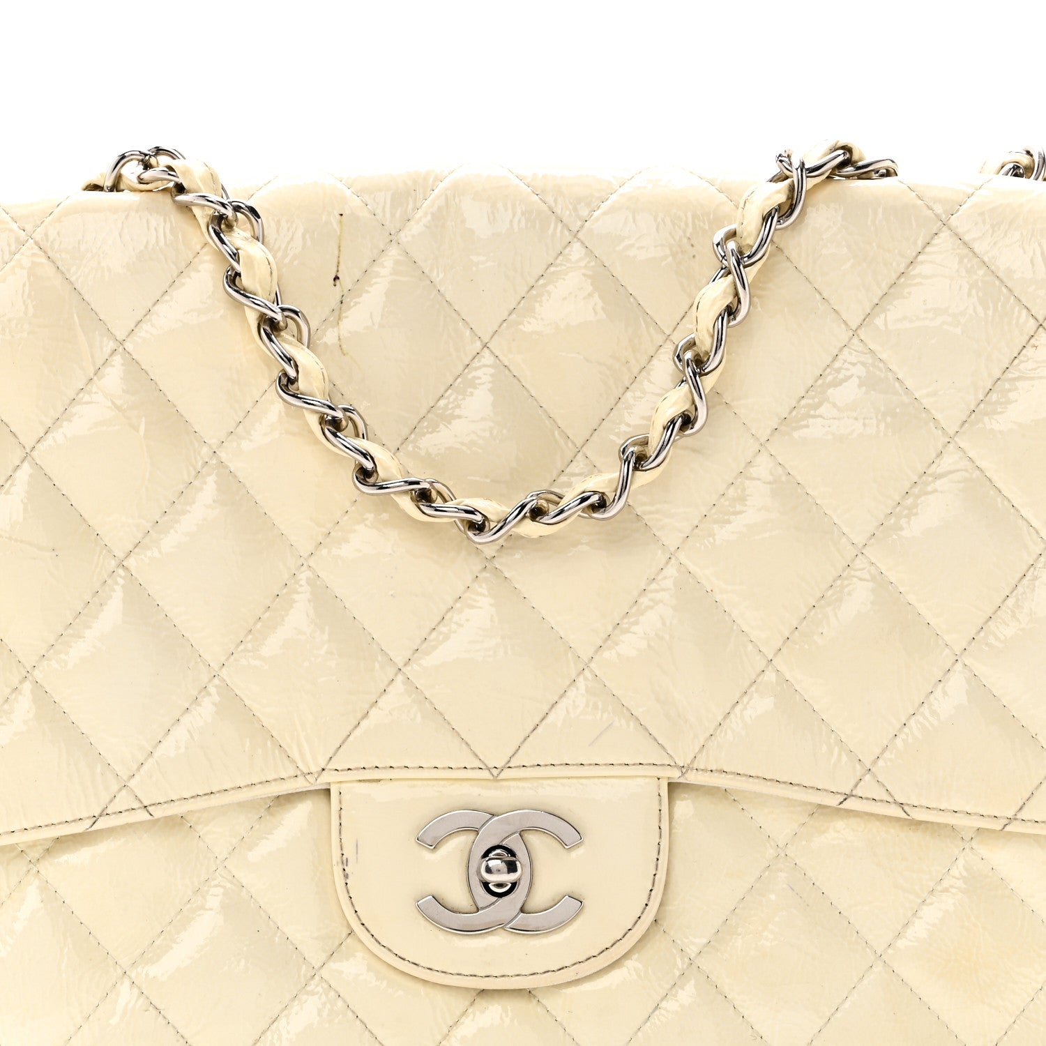 Chanel Distressed Patent Jumbo Single Flap White