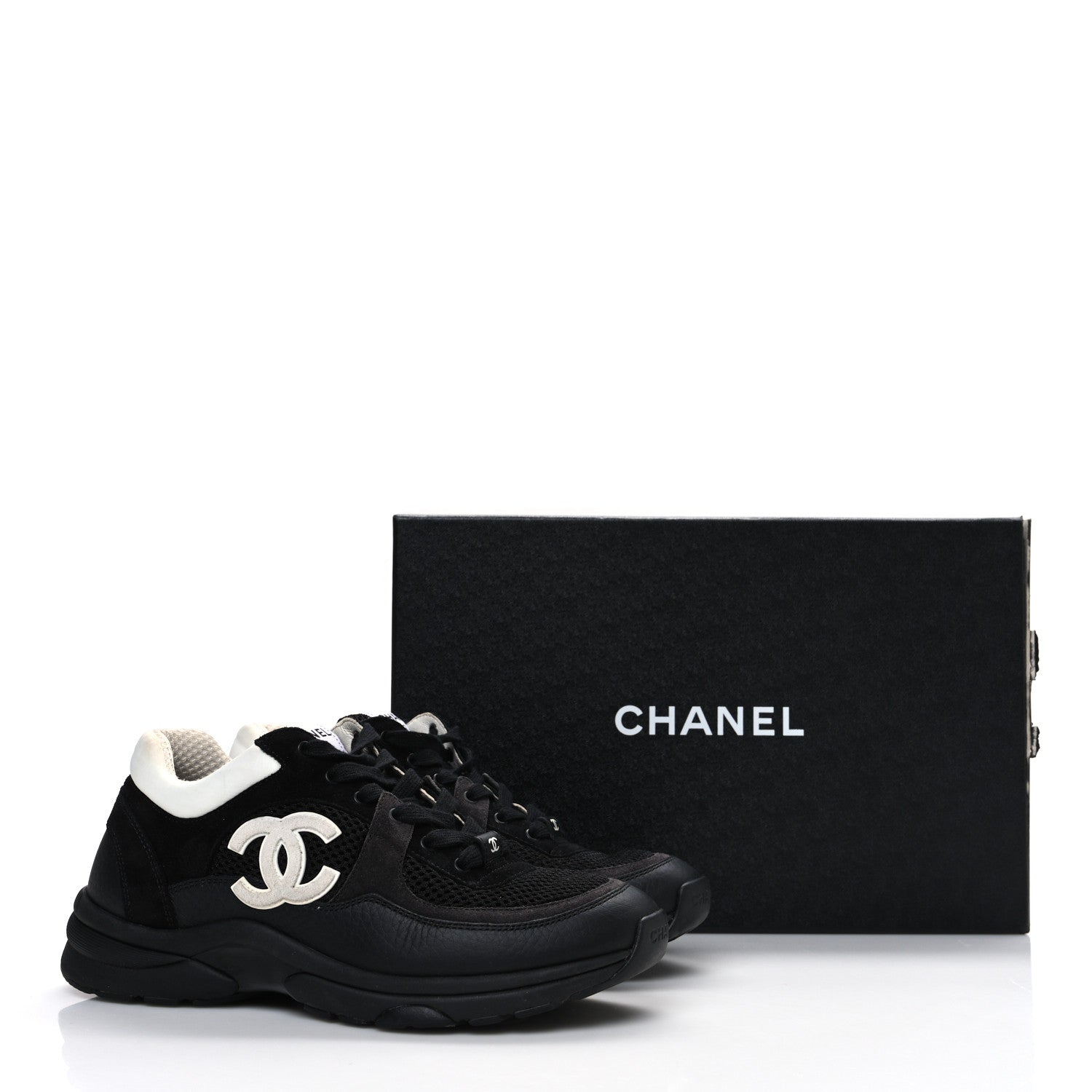 Mesh Suede Grained Calfskin Womens CC Sneakers 37.5 Black White