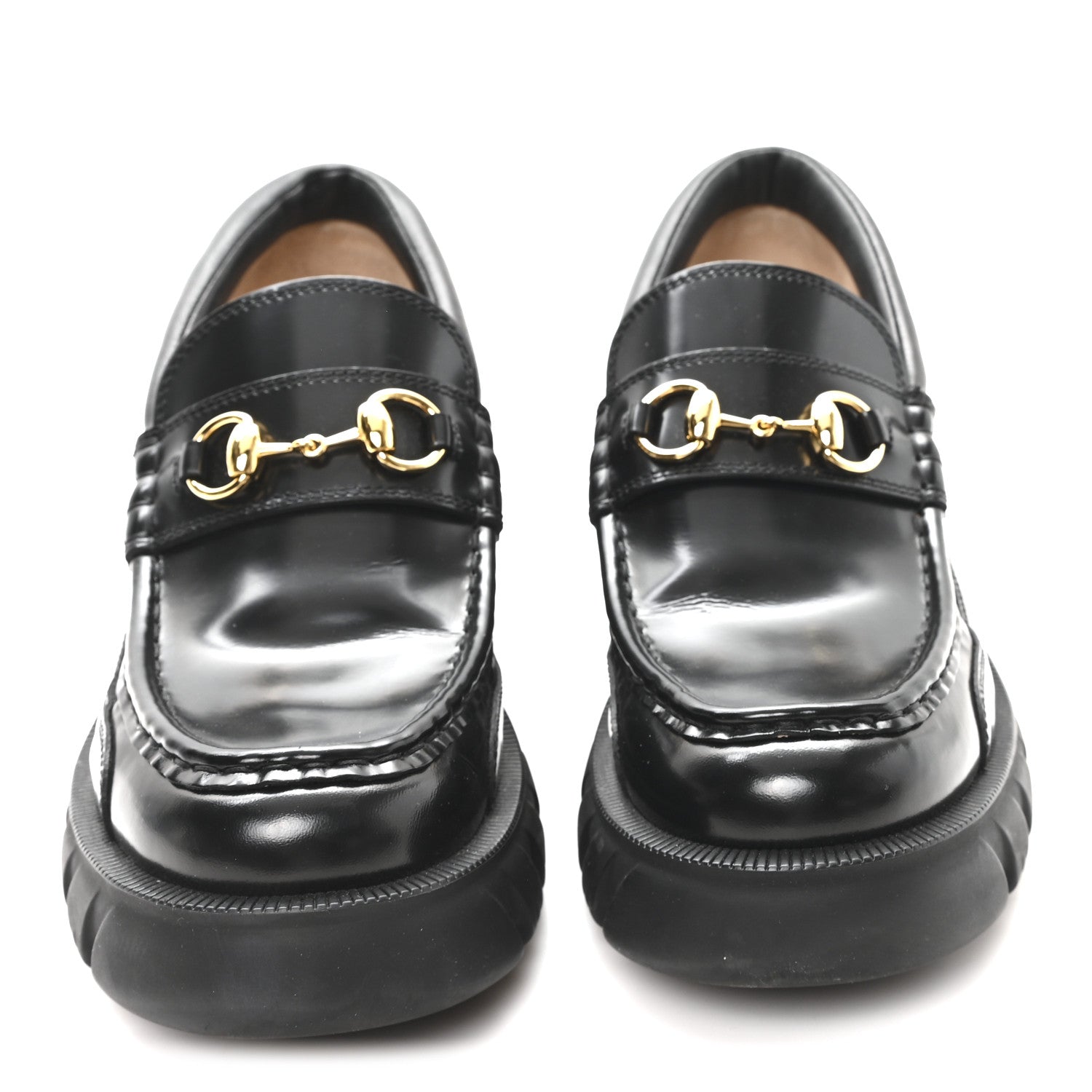 Gucci Magnum Calfskin Nappa Samoa Womens Horsebit Platform Chunky Lug Sole 40mm Loafers 40 Black