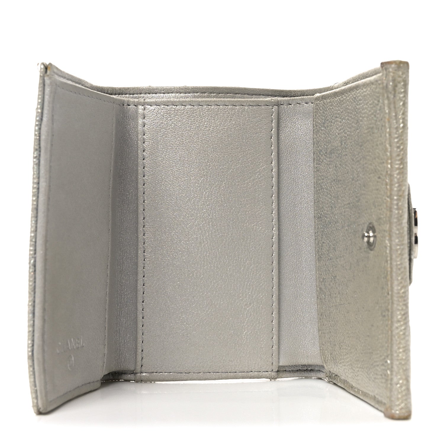 Metallic Caviar Quilted Double Flap Wallet Silver