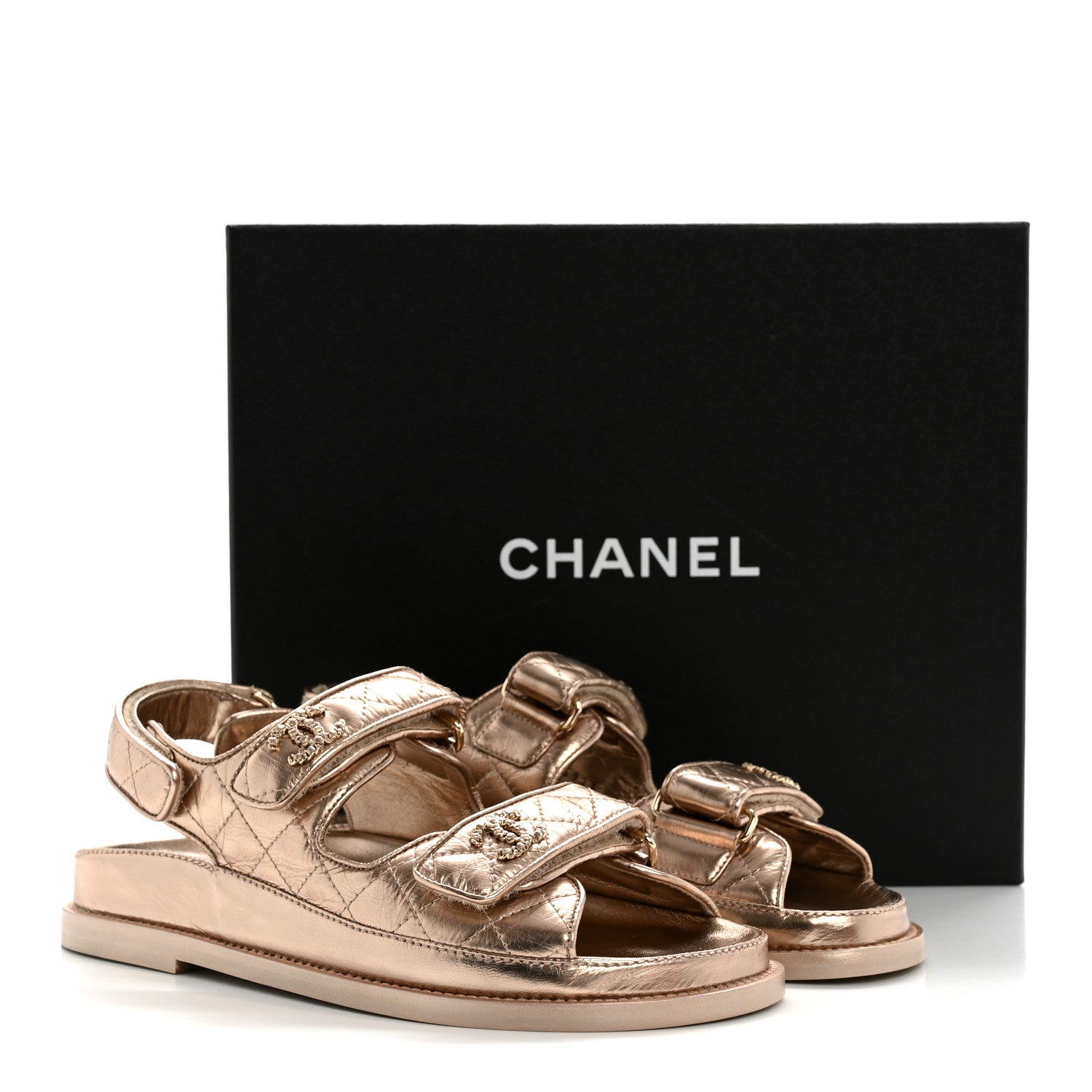 Iridescent Lambskin Quilted Velcro Dad Sandals 36.5 Light Bronze