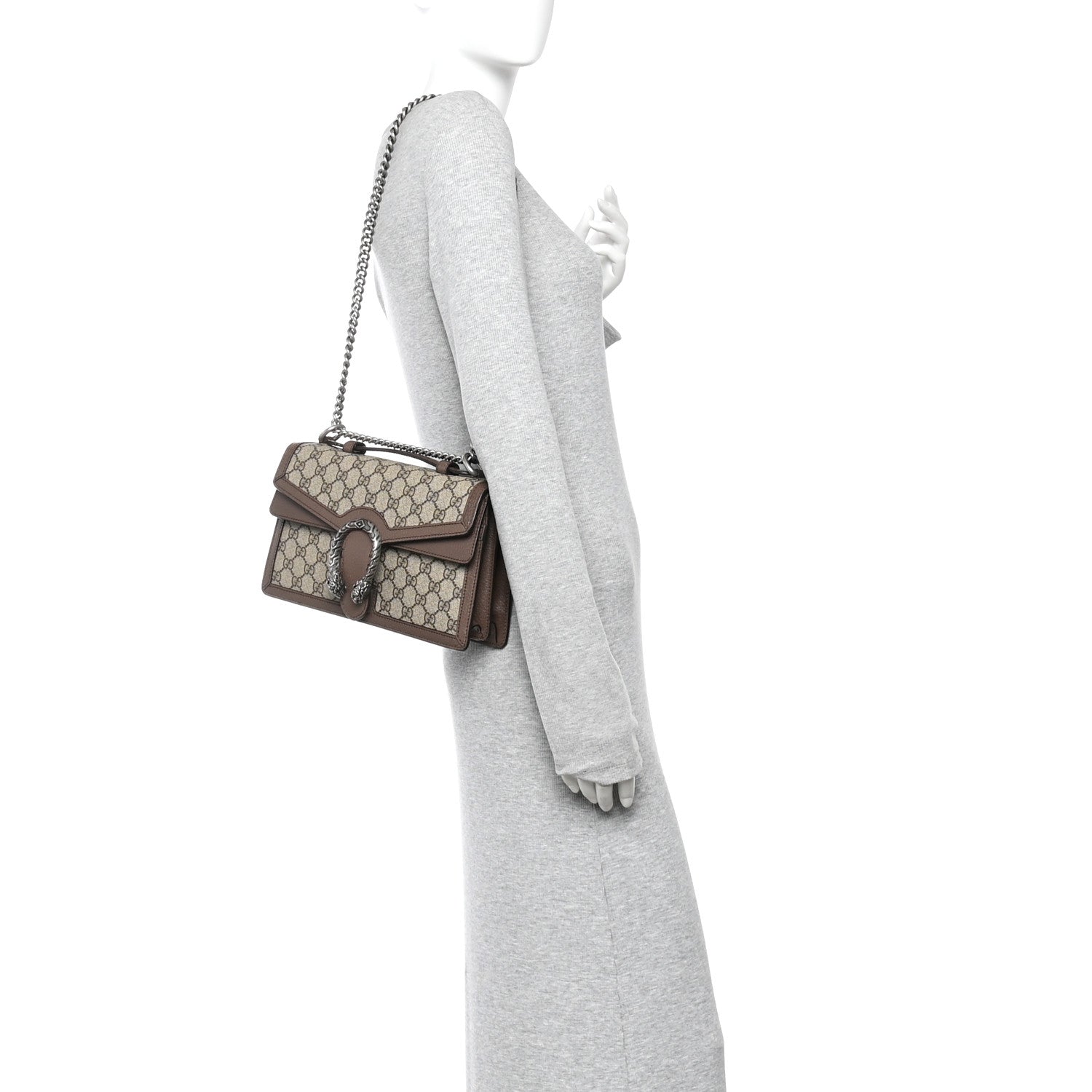 Gucci GG Supreme Monogram Textured Dollar Calfskin Top Handle Dionysus Shoulder Bag Beige Ebony New Acero