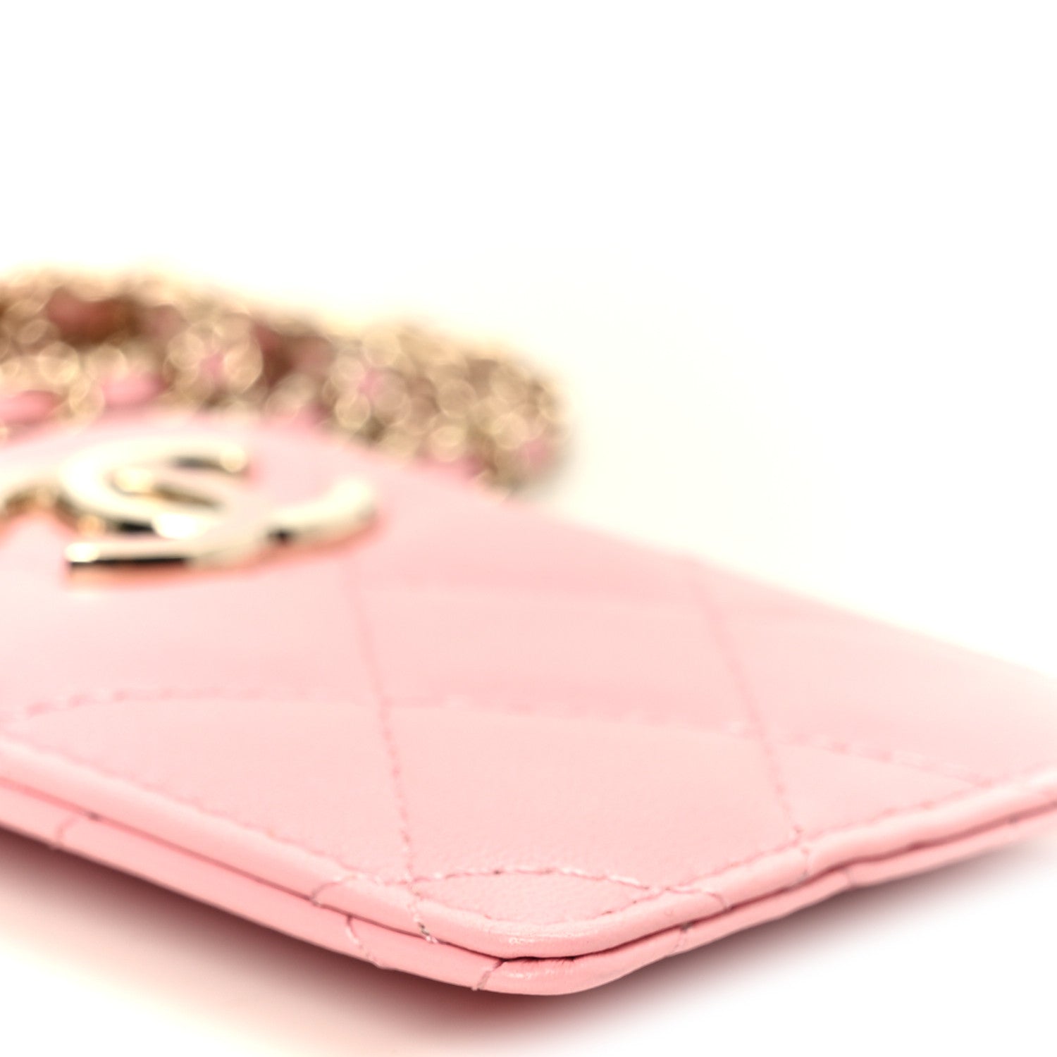 Lambskin Quilted Enamel Chanel Card Holder On Chain Light Pink