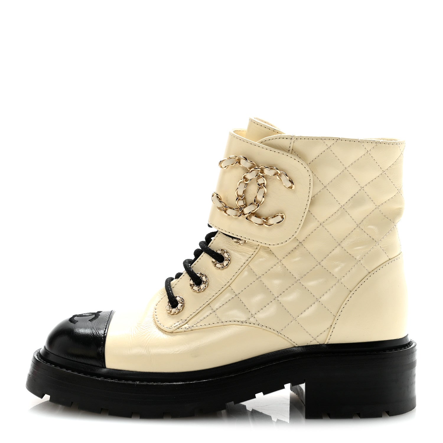Chanel Shiny Goatskin Calfskin Quilted Lace Up Combat Boots 36 Ivory Black
