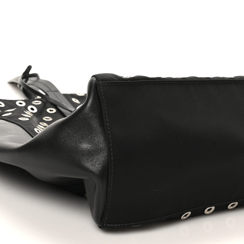 Prada Tessuto Nylon Calfskin Grommet Tote Black