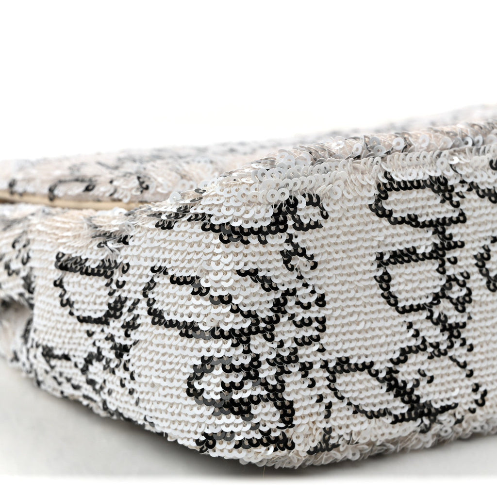 Chanel Sequin Logo Medium Flap White Black