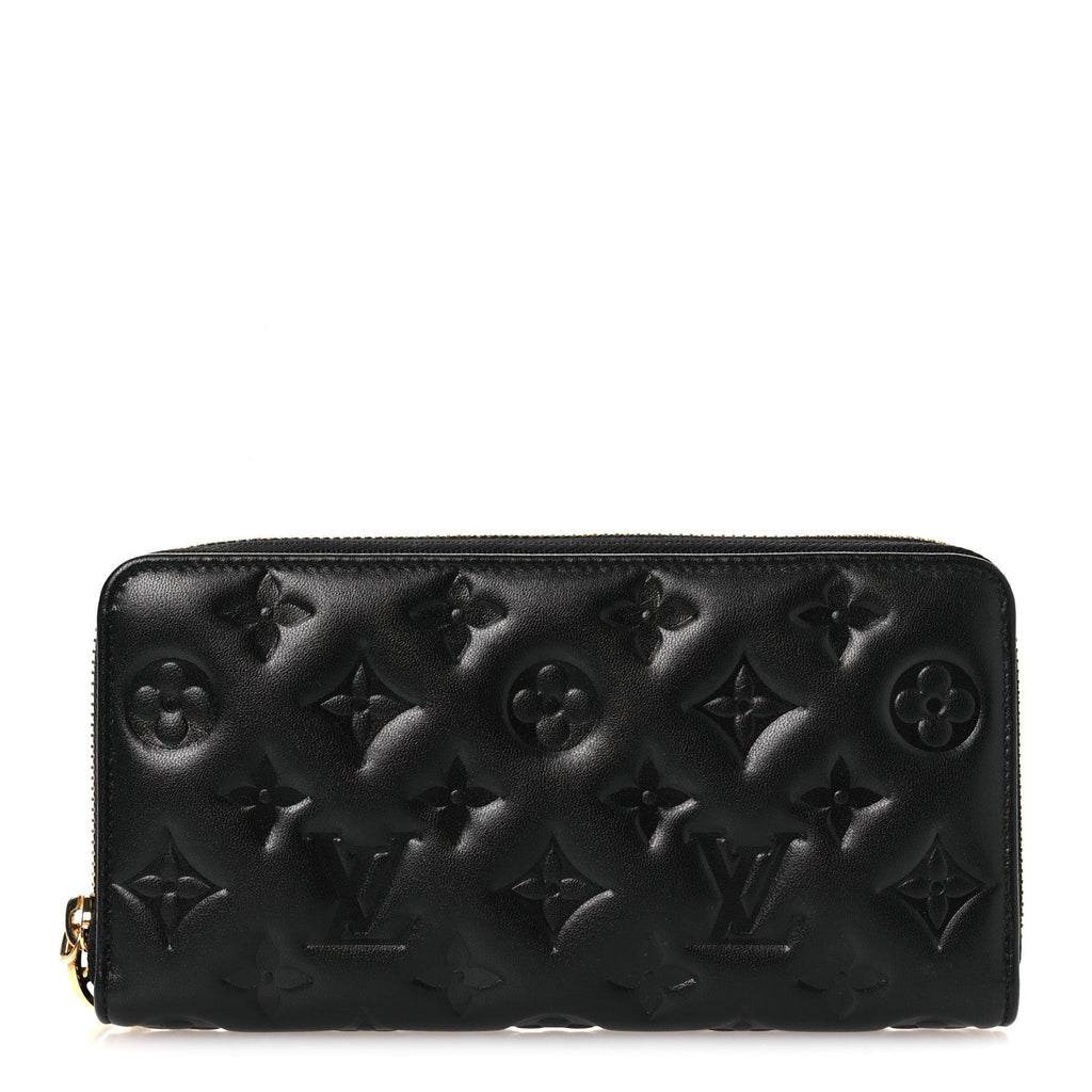 Louis Vuitton Lambskin Embossed Monogram Coussin Zippy Wallet Black