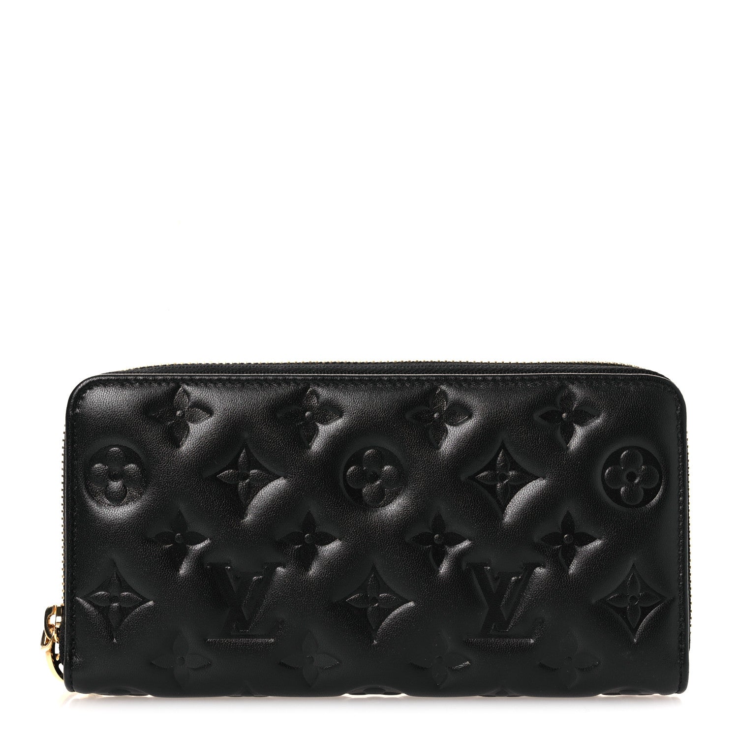 Louis Vuitton Lambskin Embossed Monogram Coussin Zippy Wallet Black