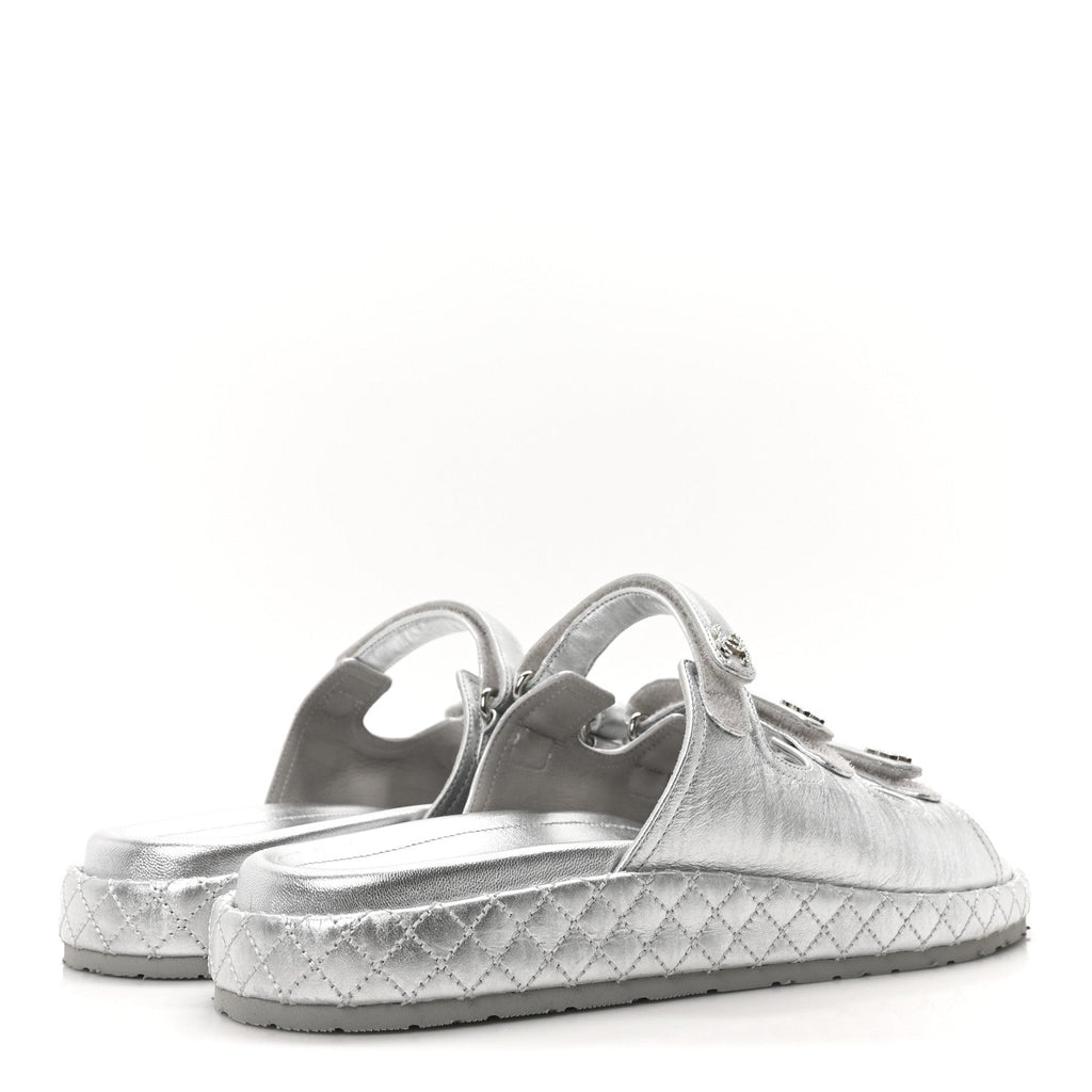 Laminated Lambskin Quilted Velcro Crystal CC Dad Slide Sandals 40 Silver