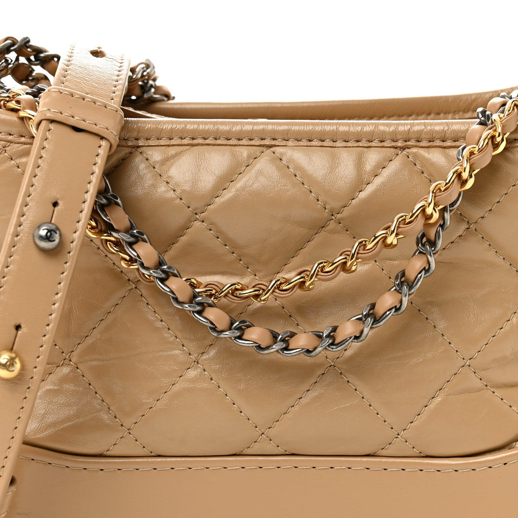 Chanel Aged Calfskin Quilted Small Gabrielle Hobo Beige
