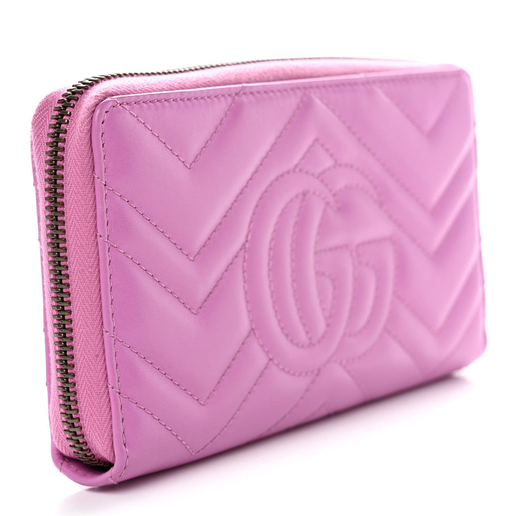 Gucci Calfskin Matelasse GG Marmont Zip Around Wallet Pink