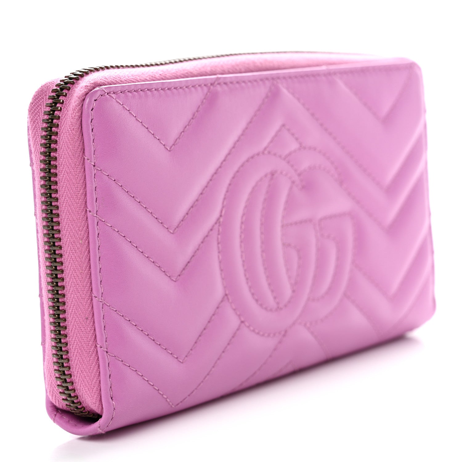 Gucci Calfskin Matelasse GG Marmont Zip Around Wallet Pink