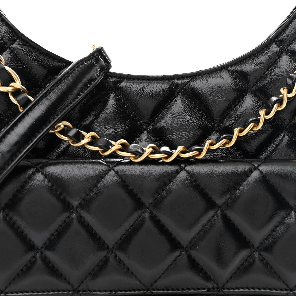 Chanel Shiny Crumpled Calfskin Quilted Wavy CC Hobo Black