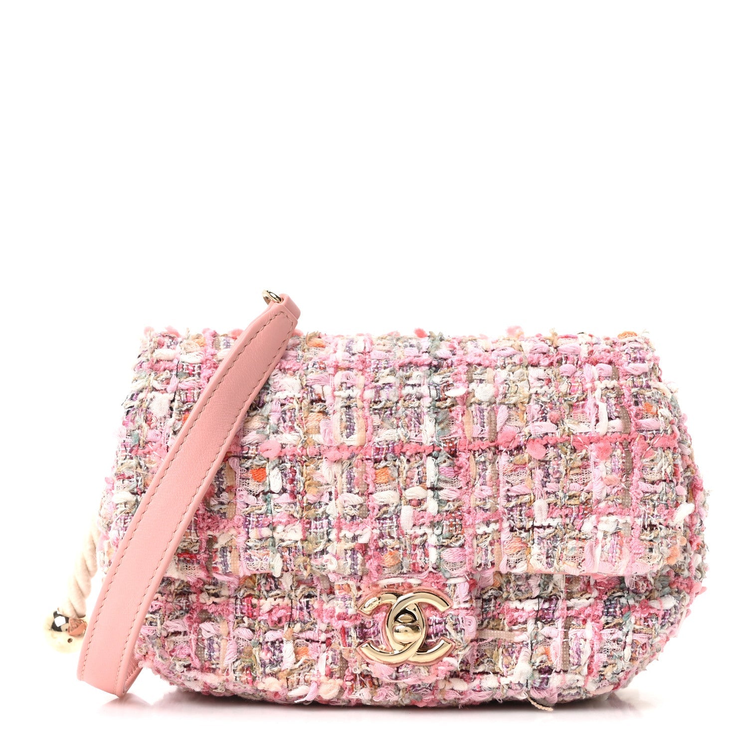 Chanel Tweed Mini Pearl Handle Flap Pink Beige Orange Ecru