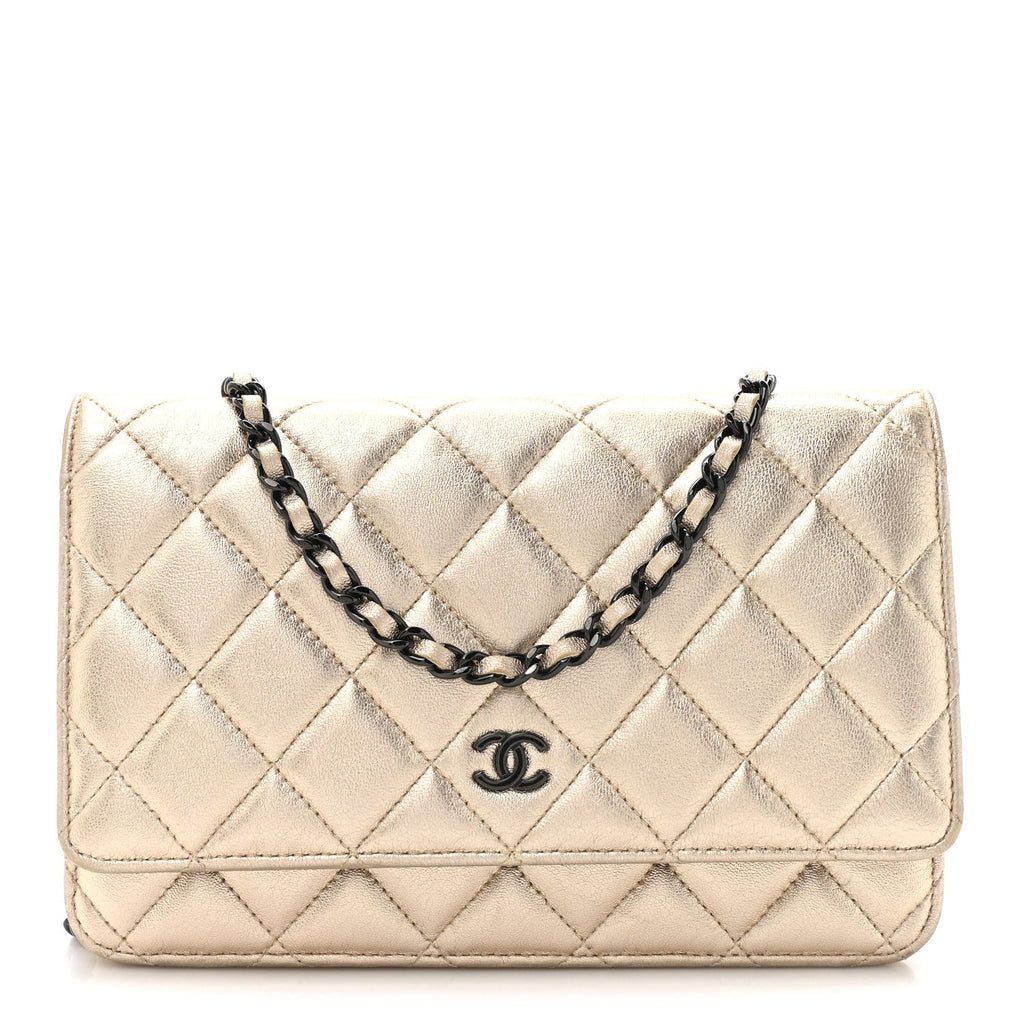 Chanel Metallic Lambskin Quilted Wallet On Chain WOC Gold Black