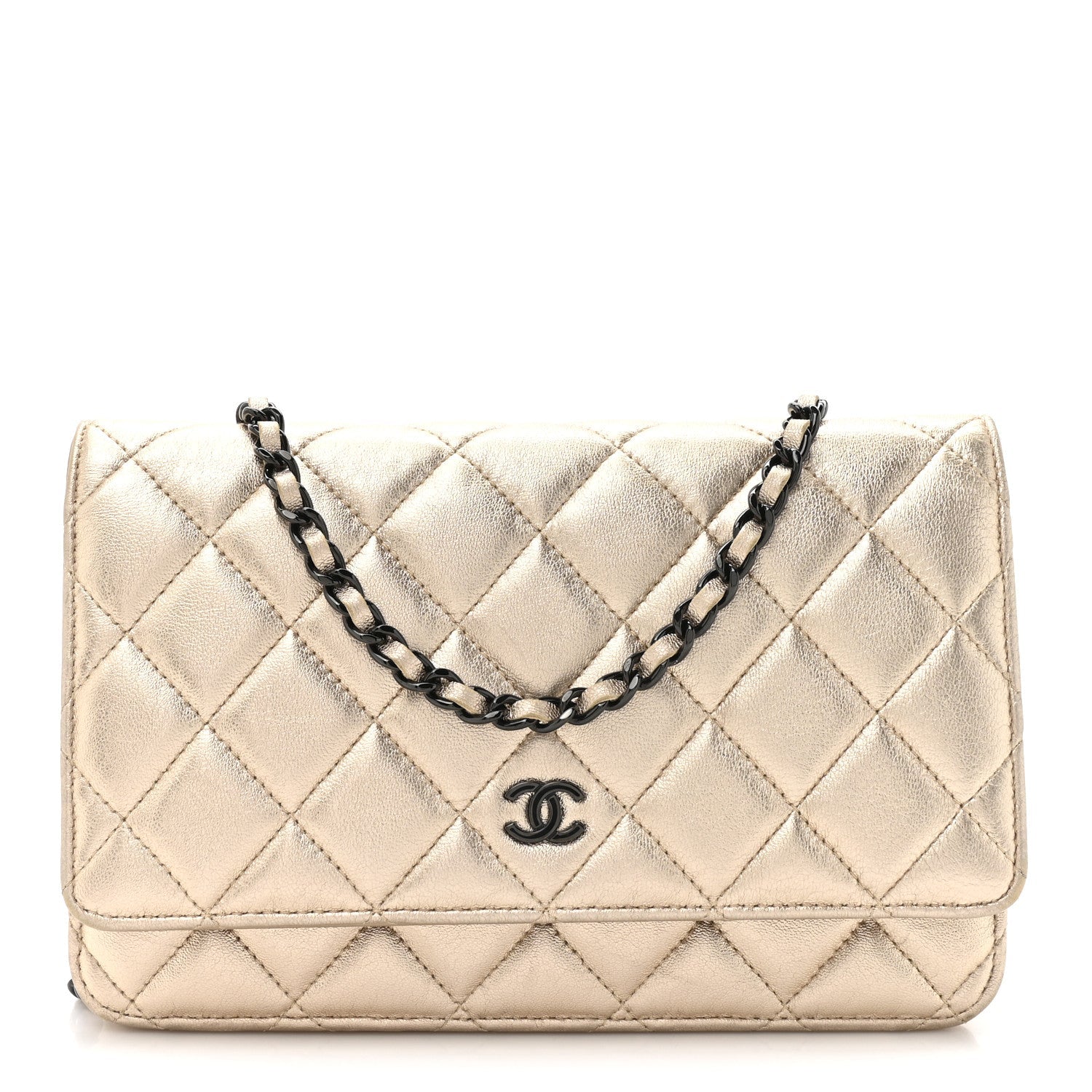 Chanel Metallic Lambskin Quilted Wallet On Chain WOC Gold Black