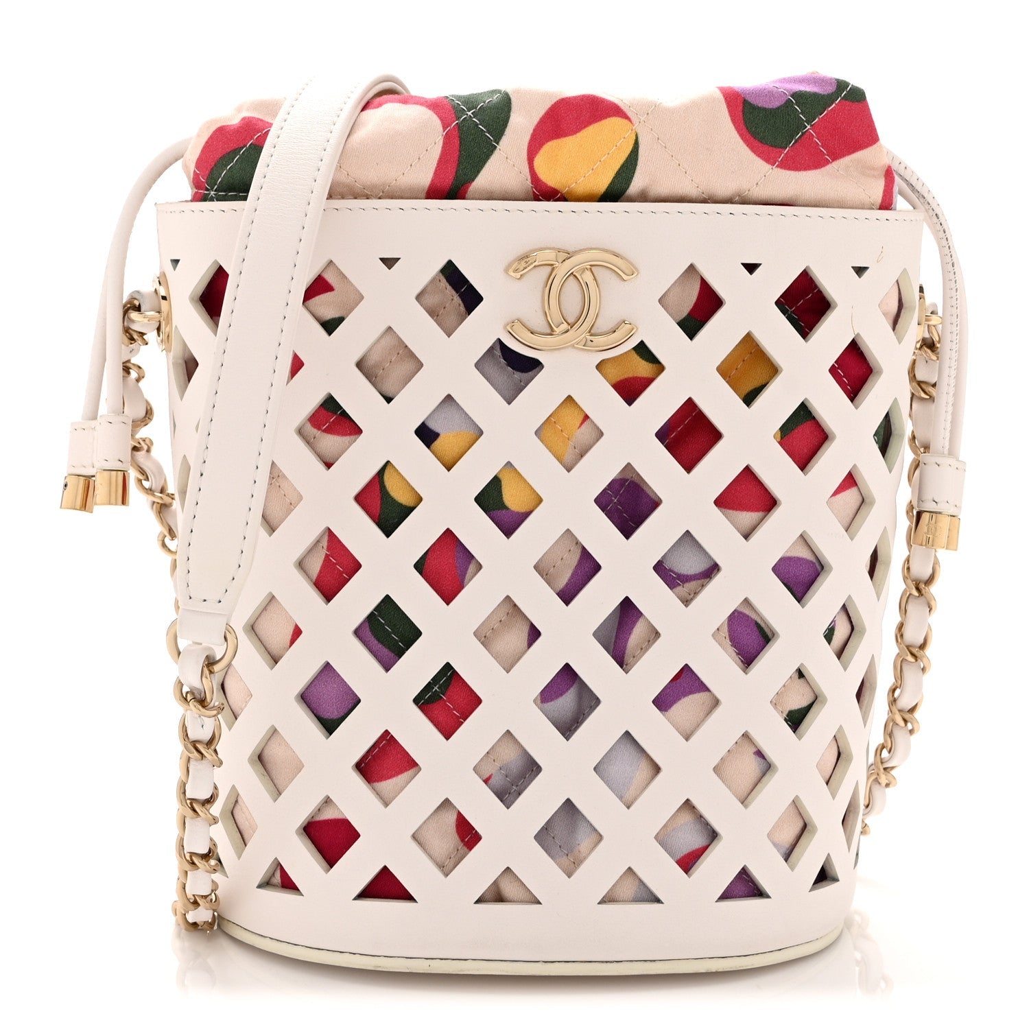 Chanel Lambskin Sea Through Bucket Drawstring Bag White Multicolor