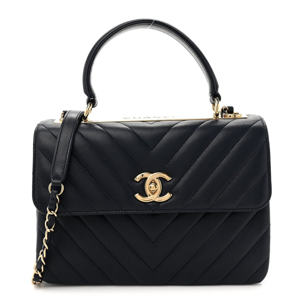 Chanel Lambskin Chevron Quilted Small Trendy CC Flap Dual Handle Bag Navy