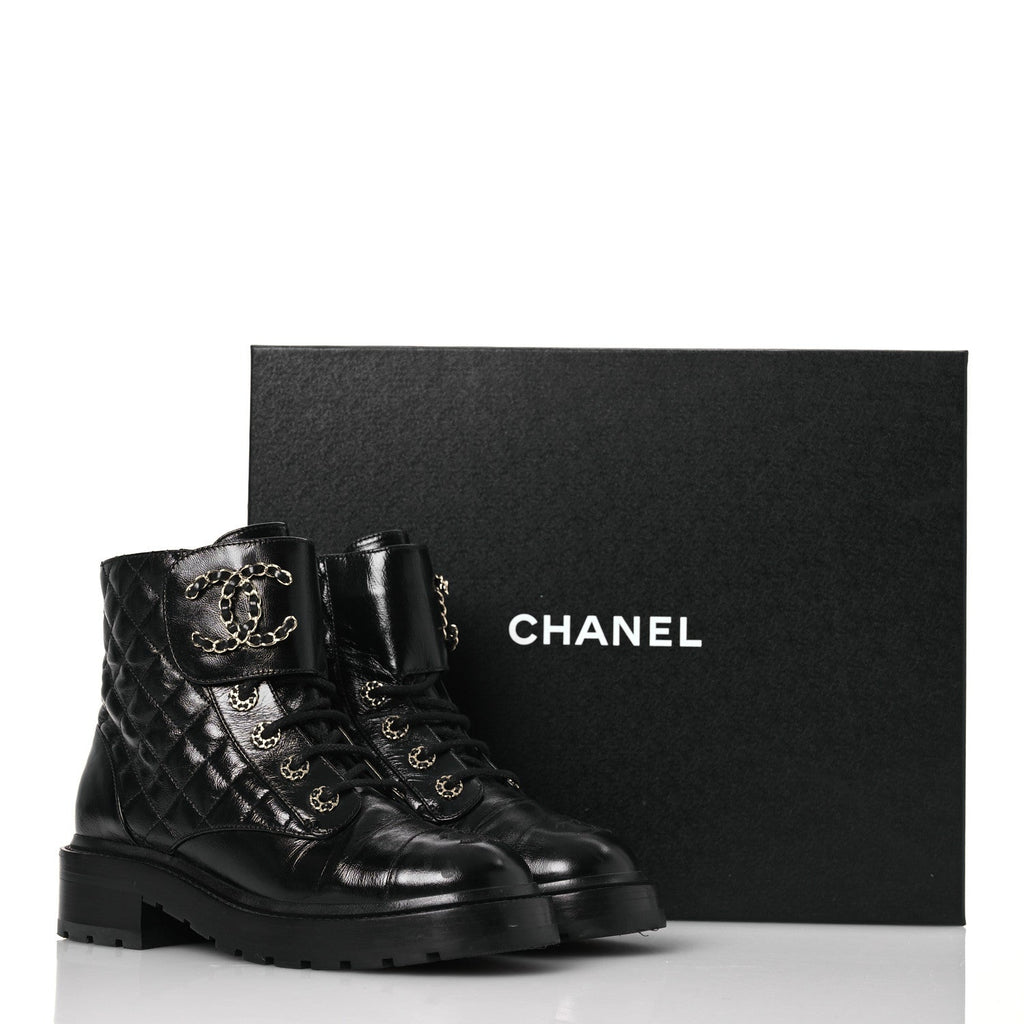 Chanel Shiny Calfskin Quilted Lace Up Combat Boots 37 Black
