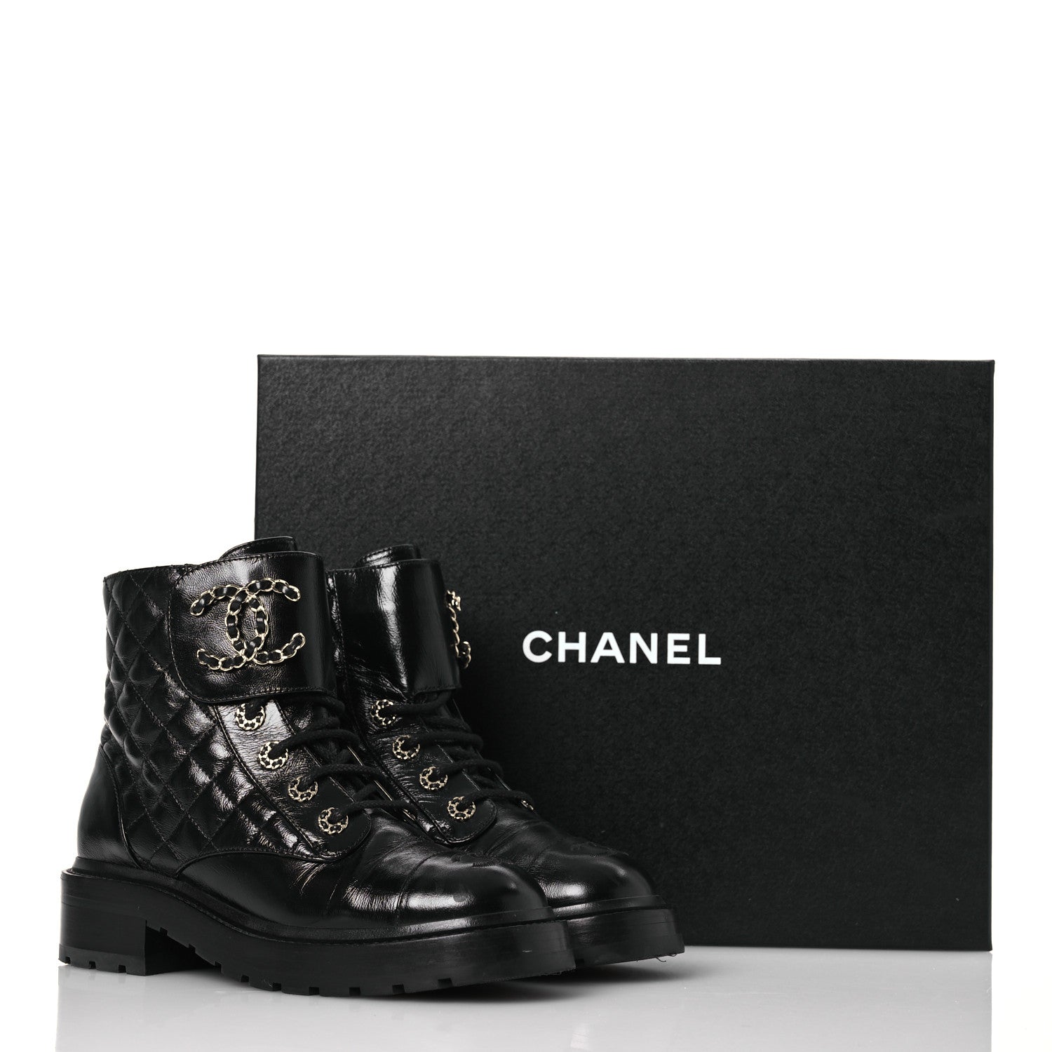 Chanel Shiny Calfskin Quilted Lace Up Combat Boots 37 Black