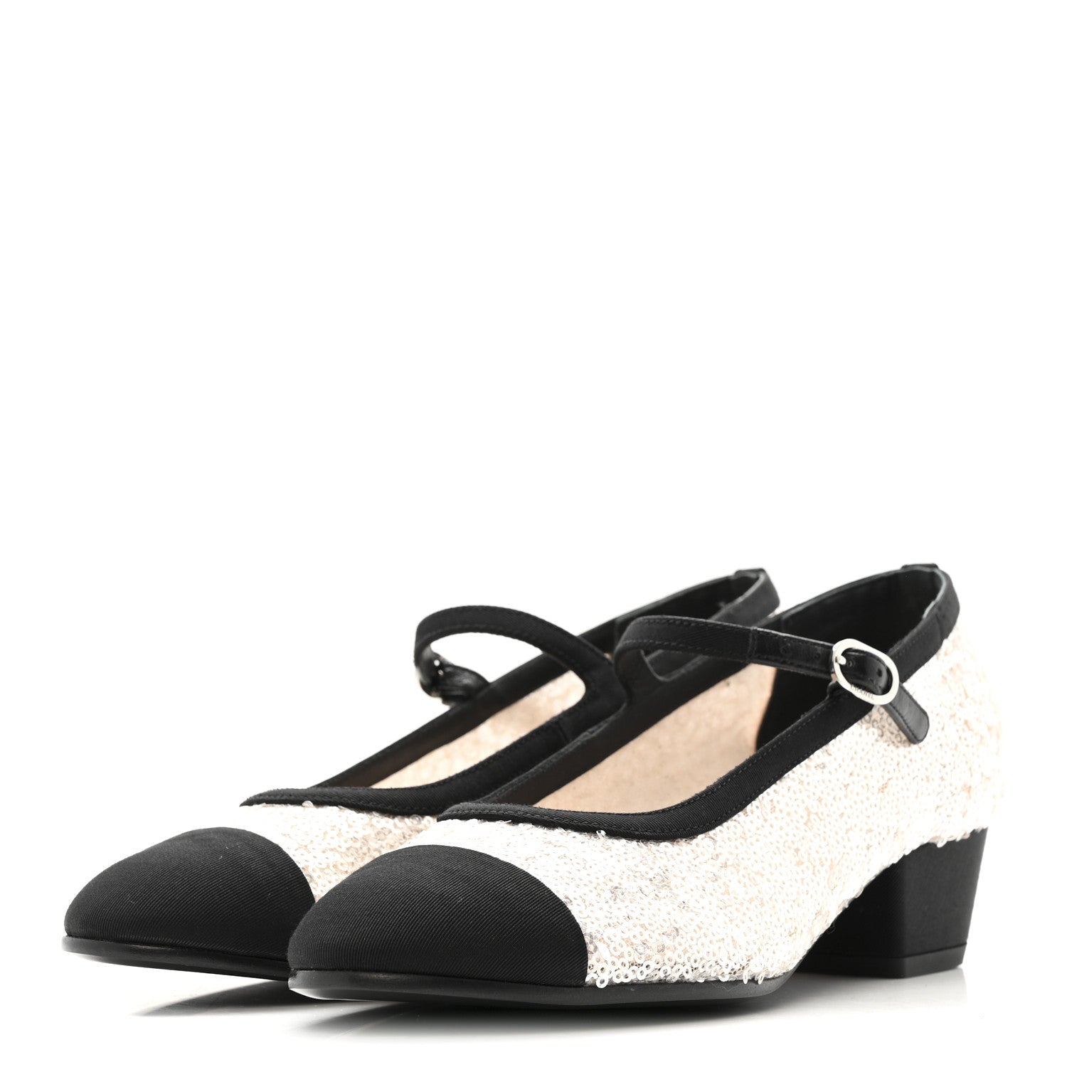 Glittered Tulle Sequin Grosgrain Cap Toe CC Mary Jane Pumps 36.5 Light Pink Black
