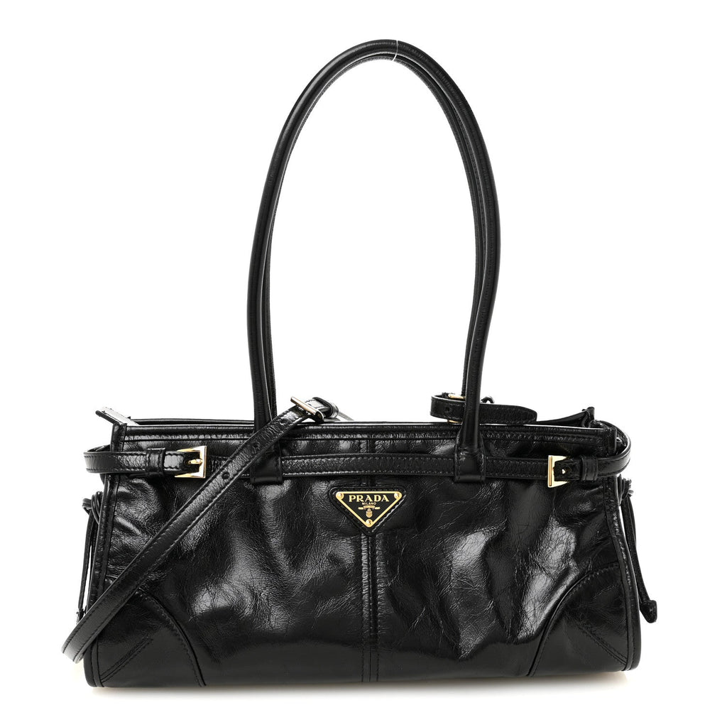 Prada Glossy Calfskin Triangle Medium Bonnie Shoulder Bag Black