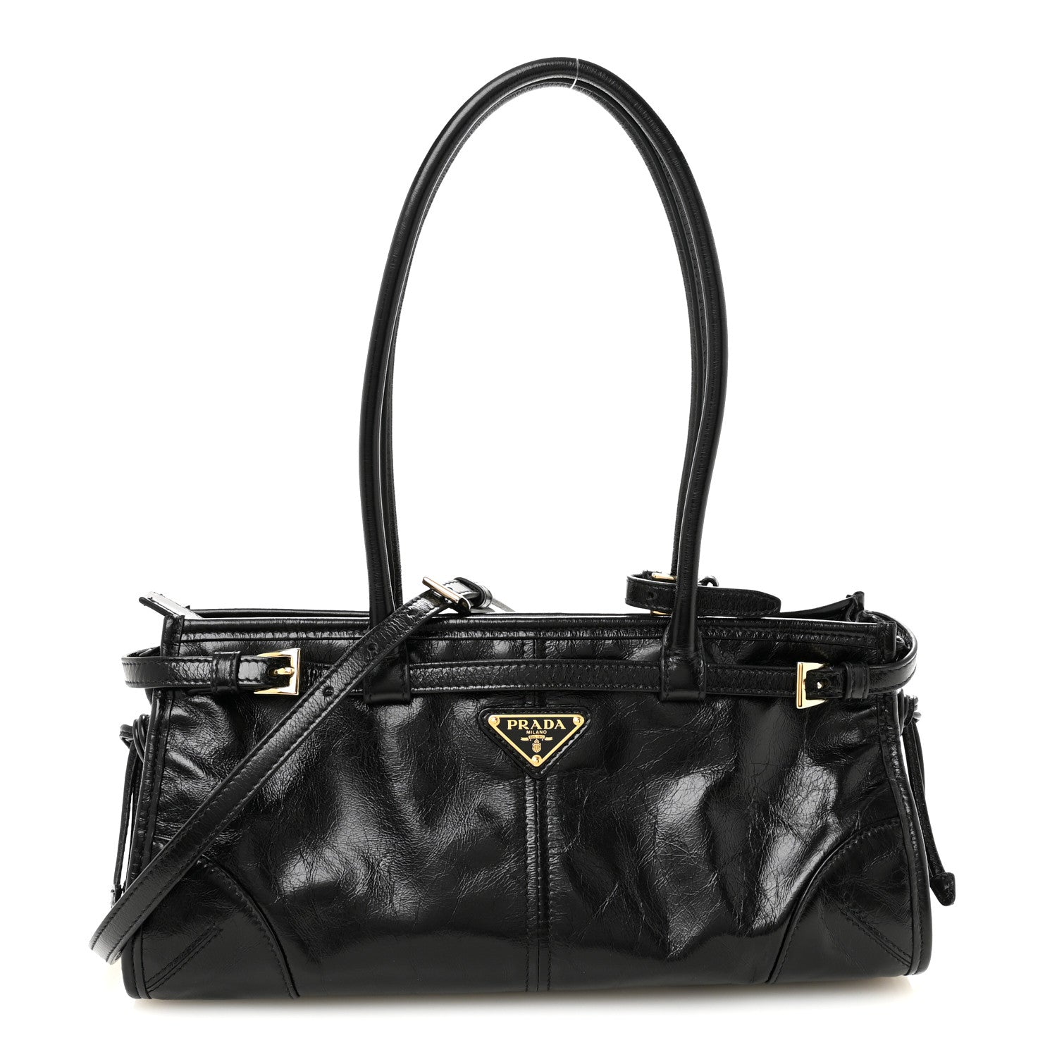 Prada Glossy Calfskin Triangle Medium Bonnie Shoulder Bag Black