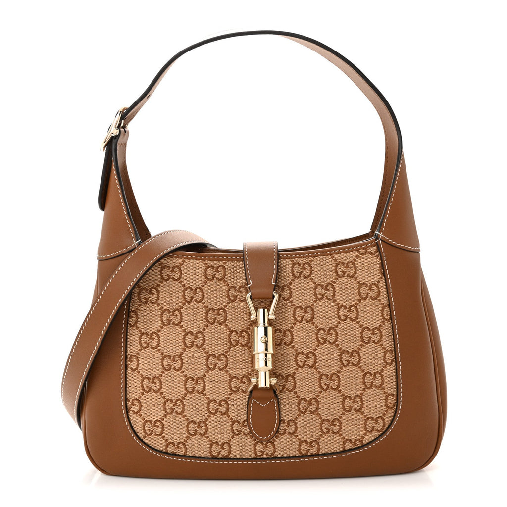 Gucci Raffia GG Supreme Monogram Calfskin Small Jackie 1961 Hobo Natural
