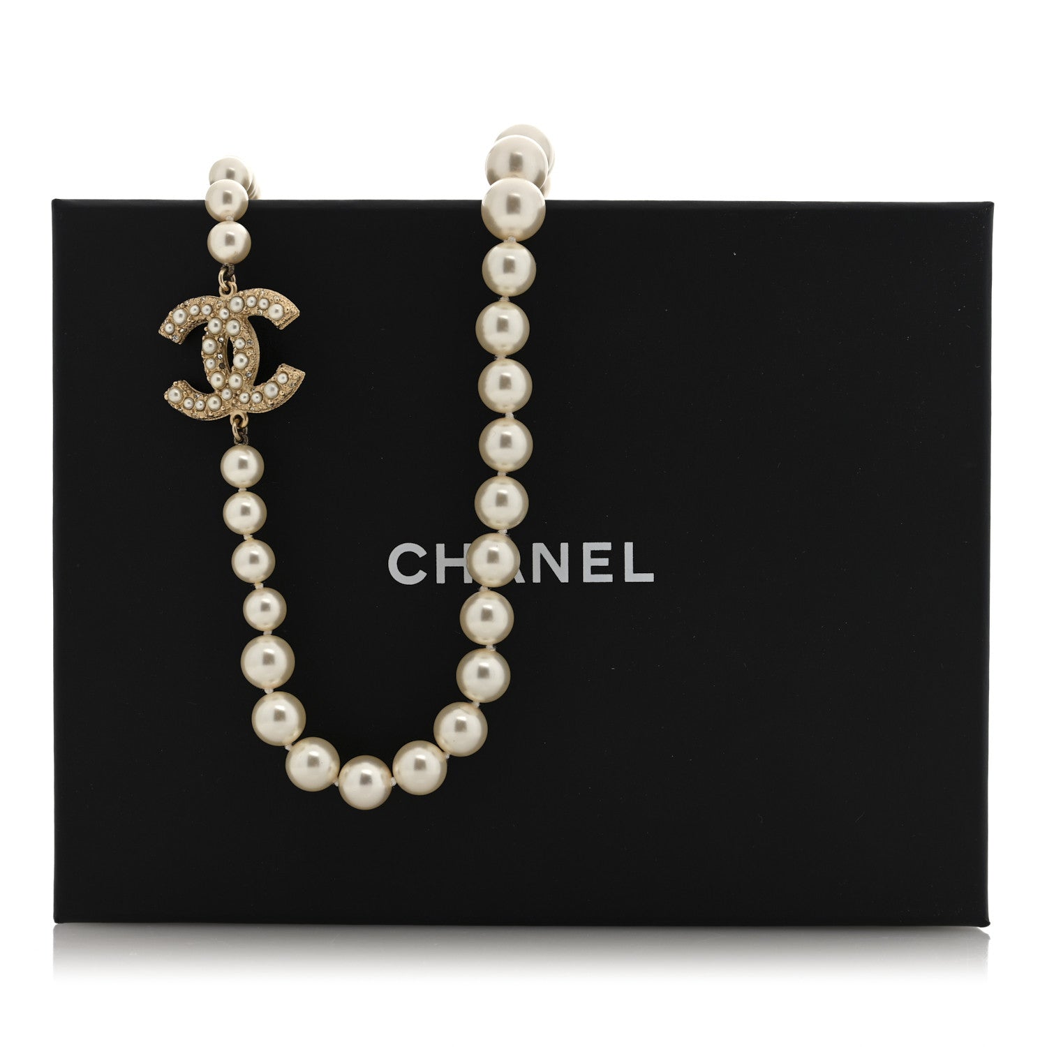Crystal Pearl CC Long Necklace Gold