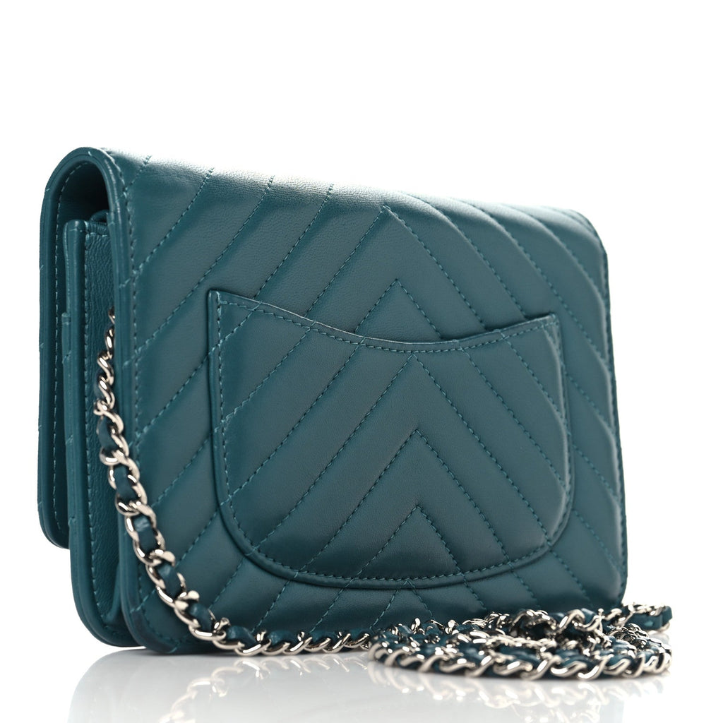 Chanel Lambskin Chevron Quilted Wallet On Chain WOC Turquoise