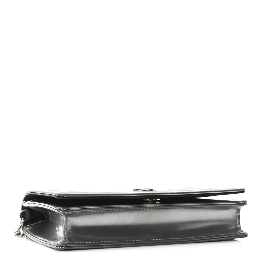 Christian Dior Metallic Patent Micro-Cannage Diorama Wallet on Chain Pouch Silver
