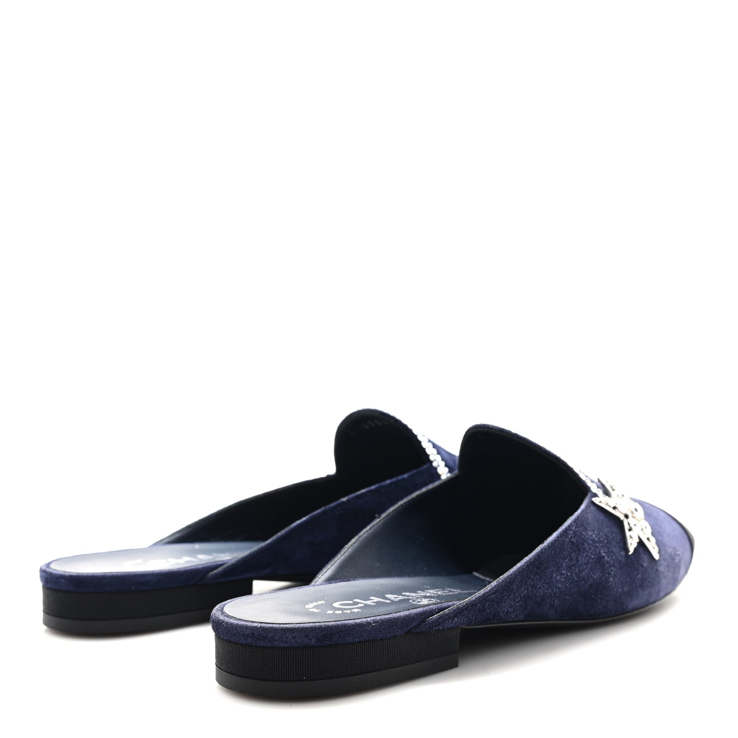 Chanel Suede Calfskin Grosgrain Crystal CC Star Mules  37.5 Blue Black