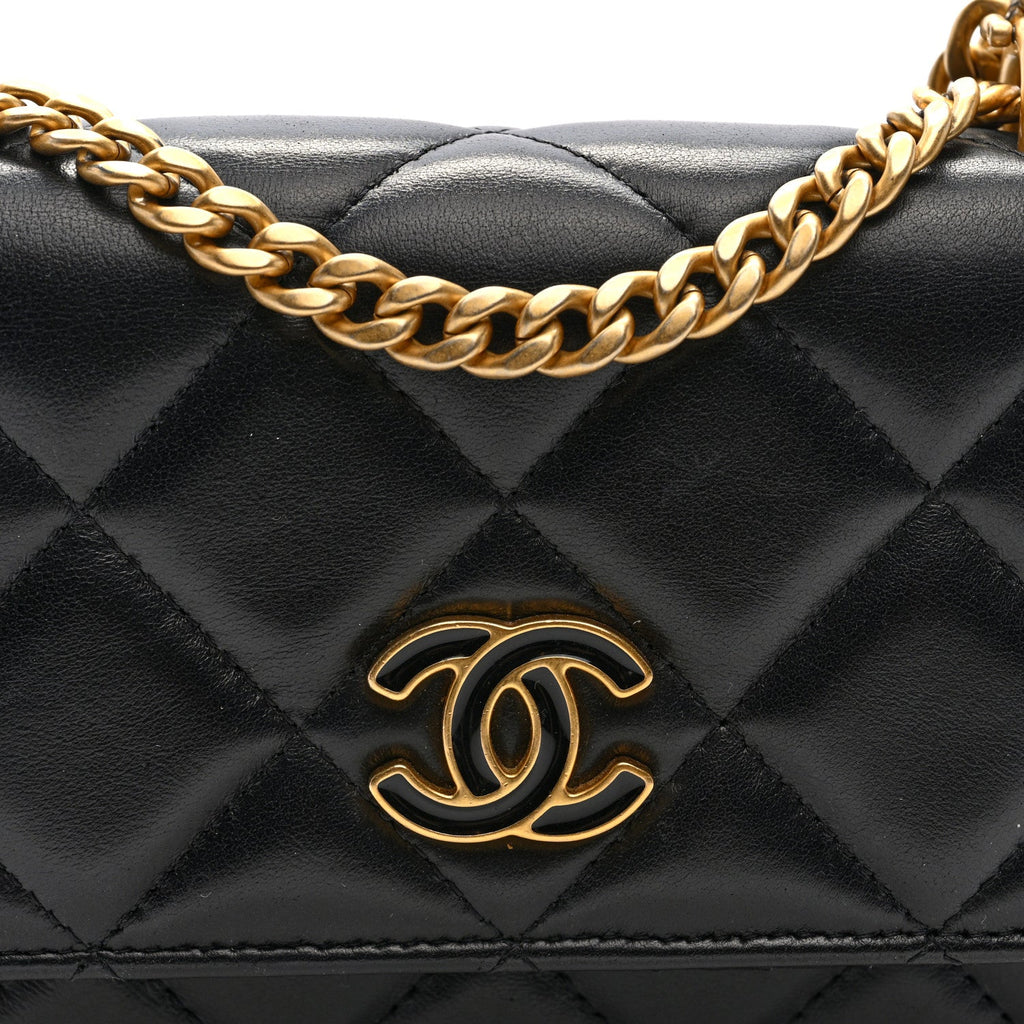Chanel Lambskin Enamel Quilted Pending CC Clutch With Chain Black