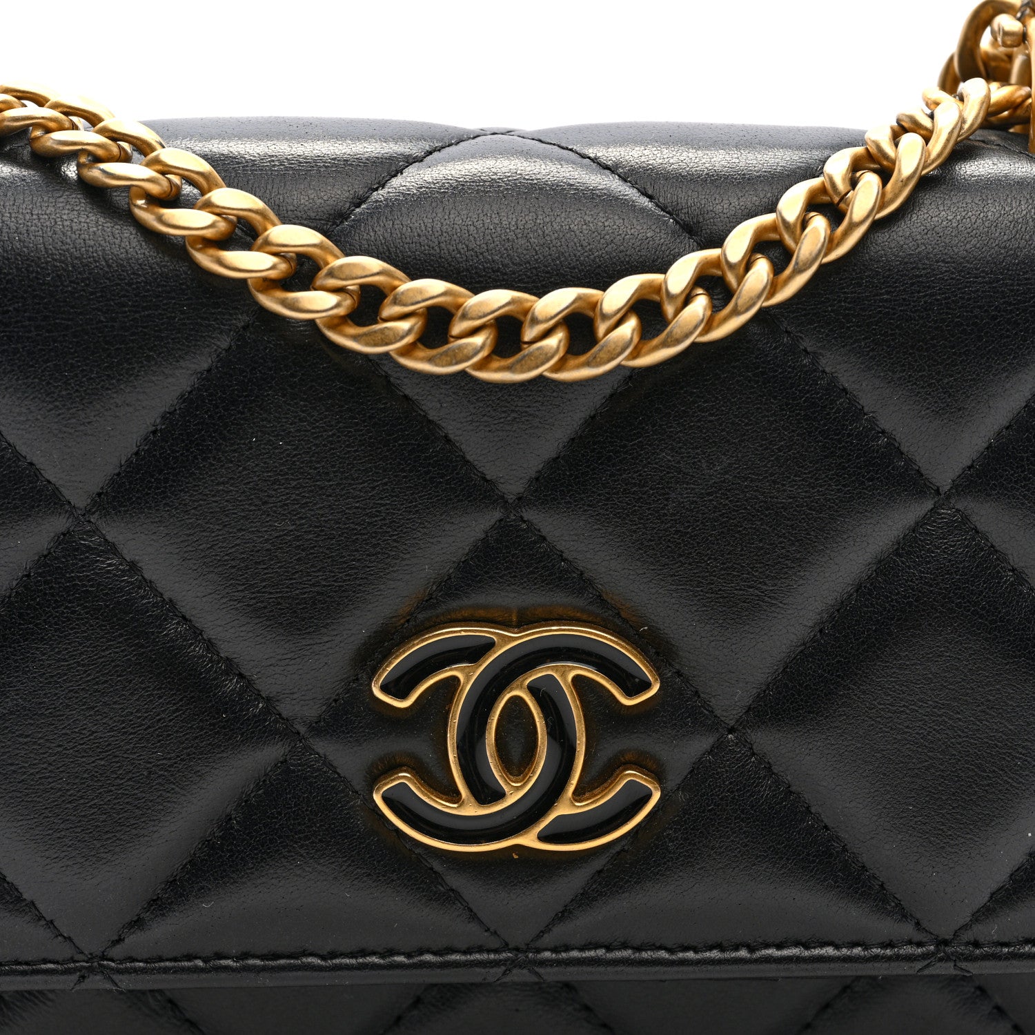 Chanel Lambskin Enamel Quilted Pending CC Clutch With Chain Black