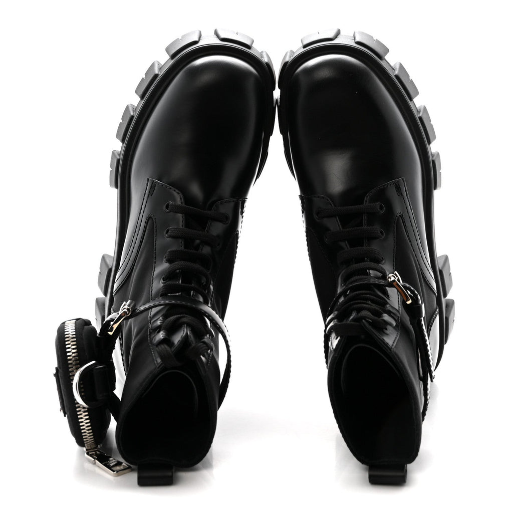 Prada Spazzolato Rois Nylon Metal Triangle Logo Monolith Pouch Pocket 55mm Boots 37 Black