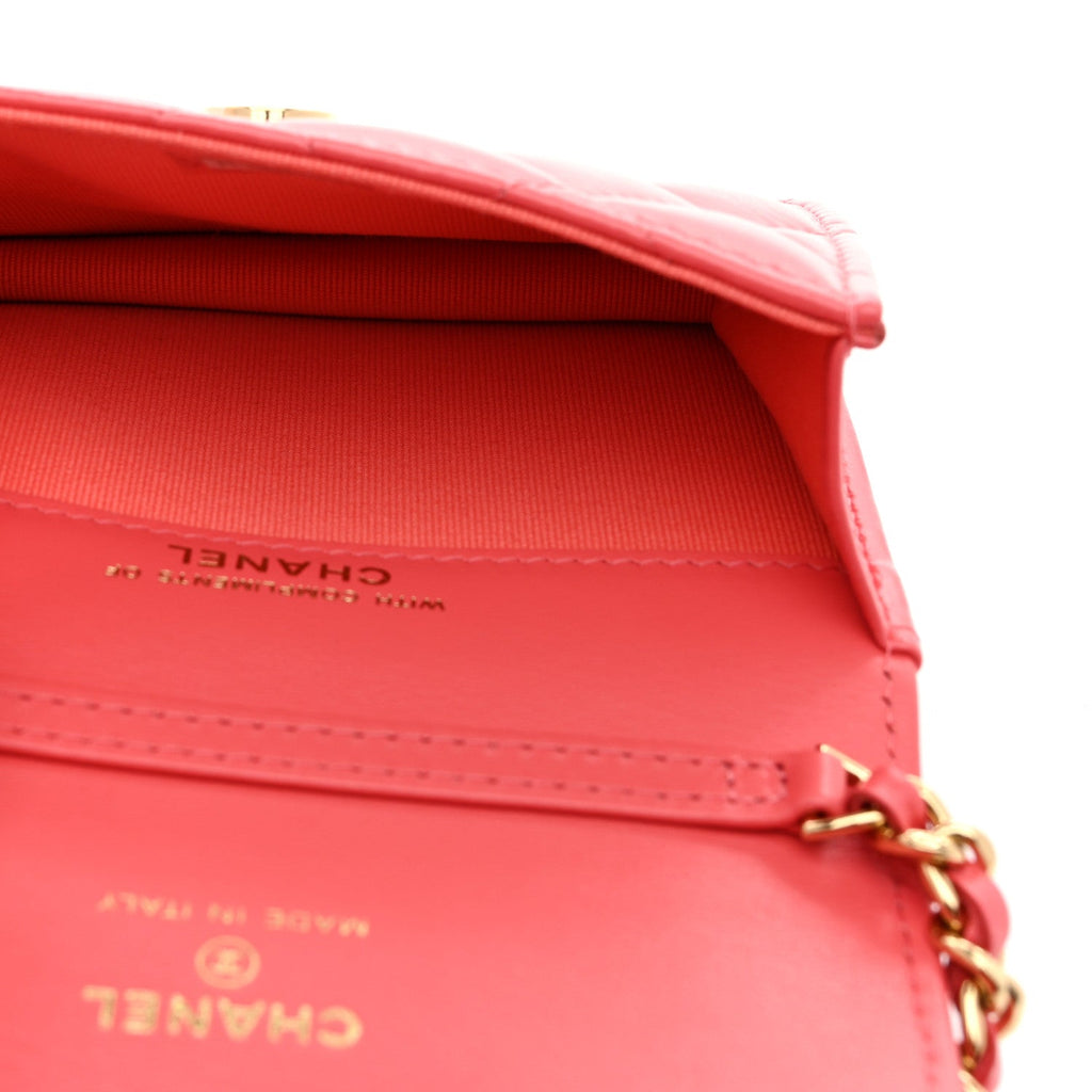 Chanel Shiny Lambskin Quilted Card Holder On Chain Pink