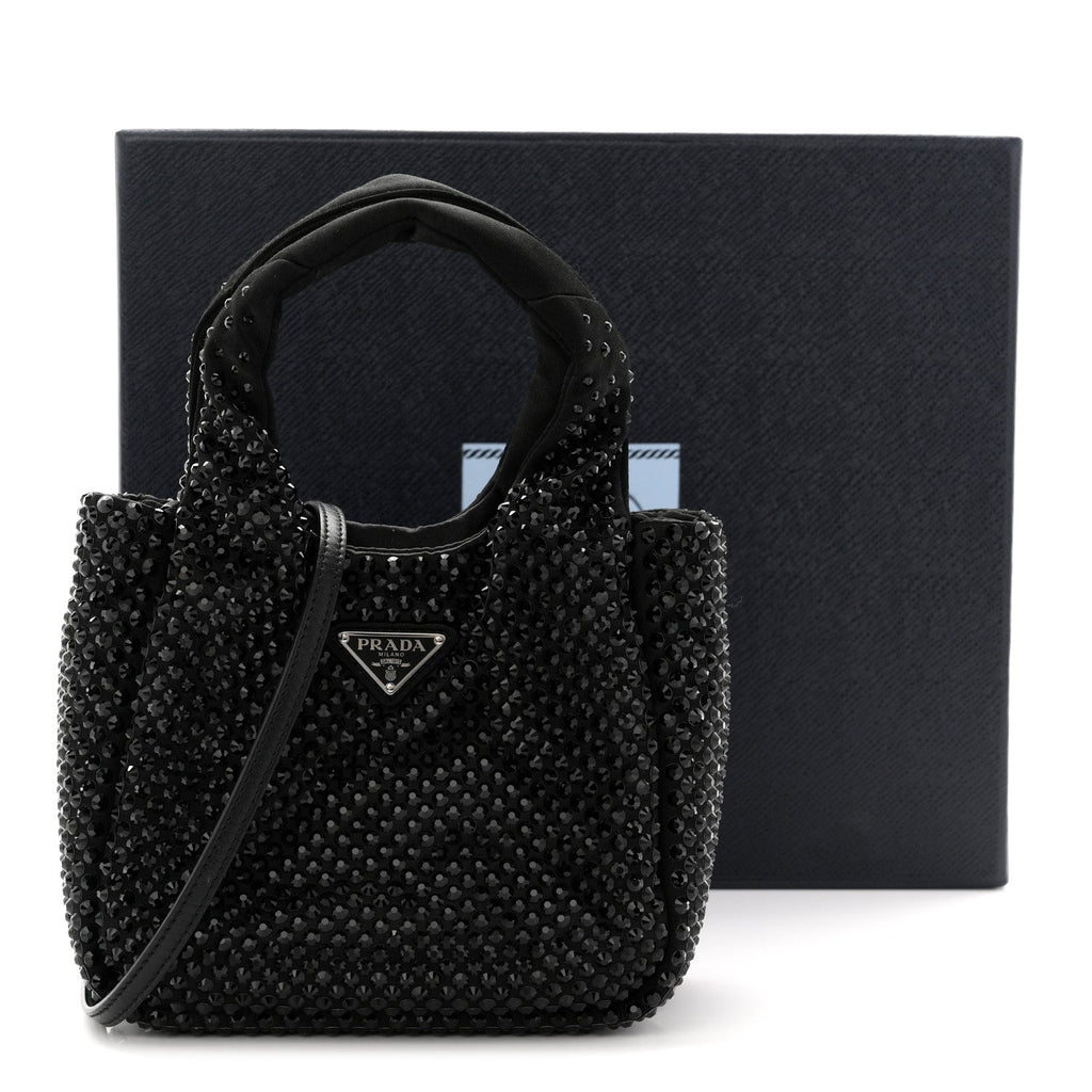 Prada Satin Crystal Soft Padded Small Double Handled Shoulder Bag Black