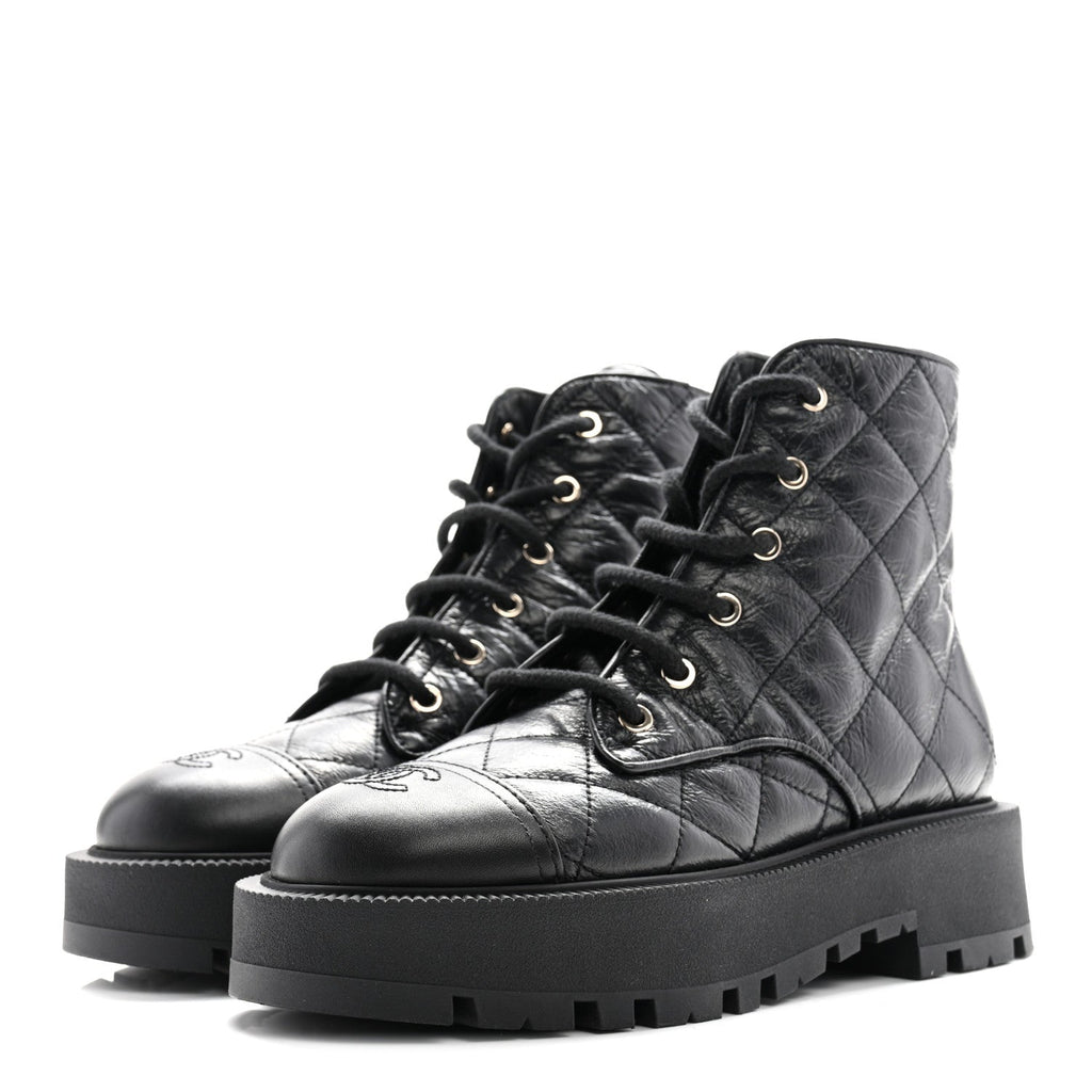 Crumpled Lambskin Quilted Platform Lace Up Combat Boots 39 Black